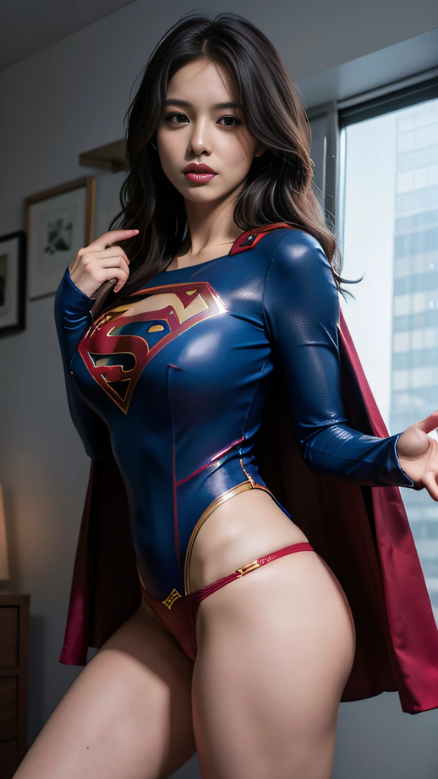 Woman body set big breasts,Supergirl costume dress,cleavage,Bare chest,Exposed panties,does not wear panties,Ass focus