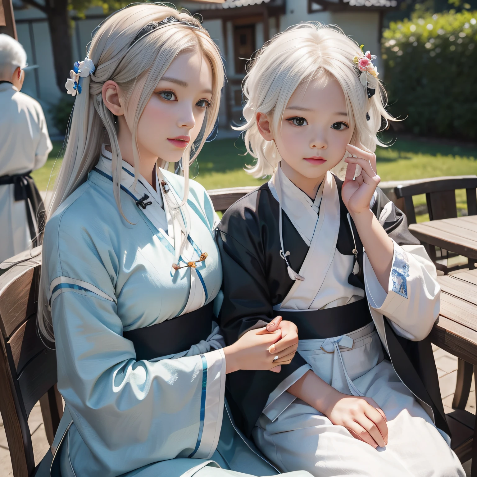 8K，tmasterpiece，Natural lighting，sitting before a table，Outdoor photography，sface focus，detailed face with，facial wrinkle，2 people，Sit face to face，Male elderly，White hair，Hairpins，Taoist costumes，Hanfu，5 year old boy