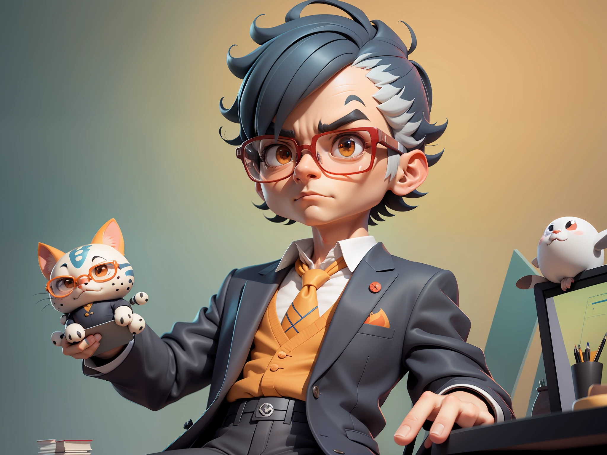 A young man in a suit, Short hair and glasses sat at his desk，holding laptop，digitial painting，tigre，3D character design by Mark Clairen and Pixar and Hayao Miyazaki and Akira Toriyama，4K HD illustration，Very detailed facial features and cartoon-style visuals。