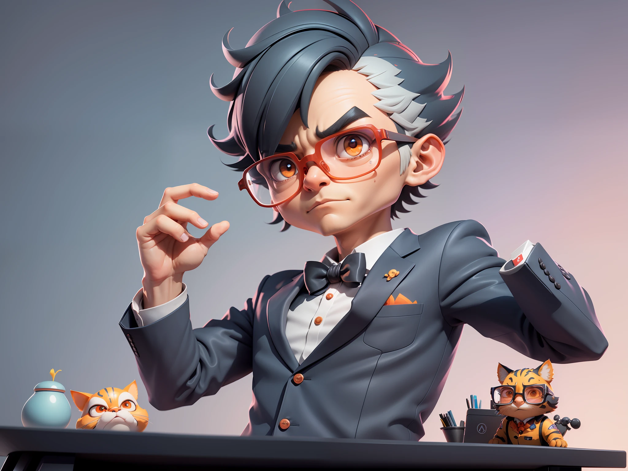 A young man in a suit, Short hair and glasses sat at his desk,holding laptop,digitial painting,tigre,3D character design by Mark Clairen and Pixar and Hayao Miyazaki and Akira Toriyama,4K HD illustration,Very detailed facial features and cartoon-style visuals。