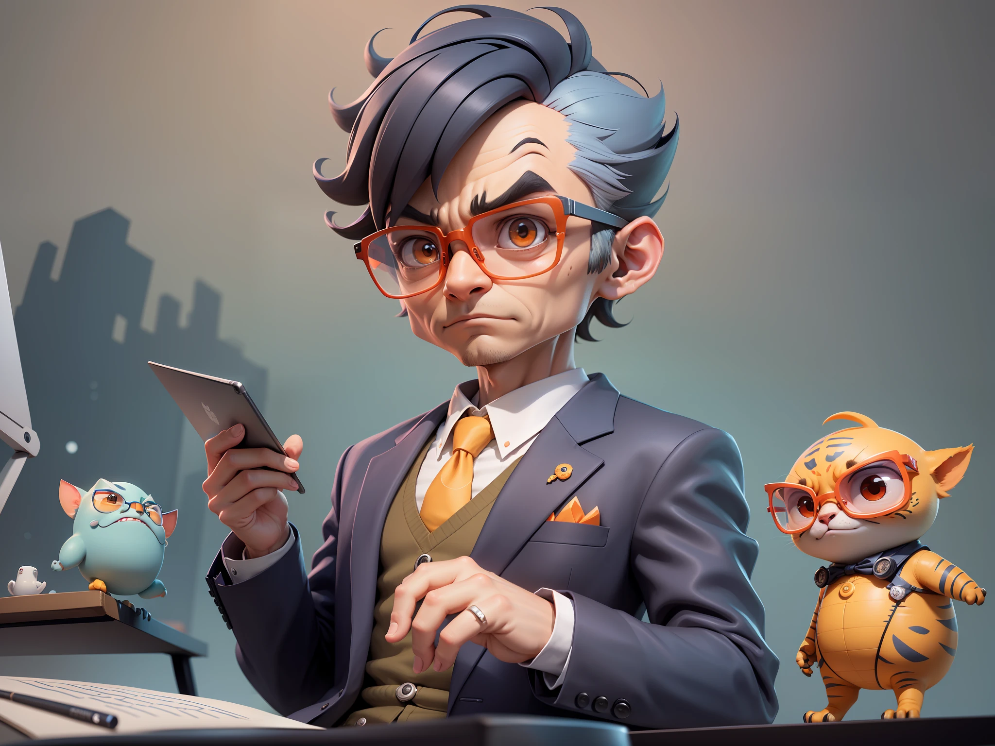 A young man in a suit, Short hair and glasses sat at his desk,holding laptop,digitial painting,tigre,3D character design by Mark Clairen and Pixar and Hayao Miyazaki and Akira Toriyama,4K HD illustration,Very detailed facial features and cartoon-style visuals。