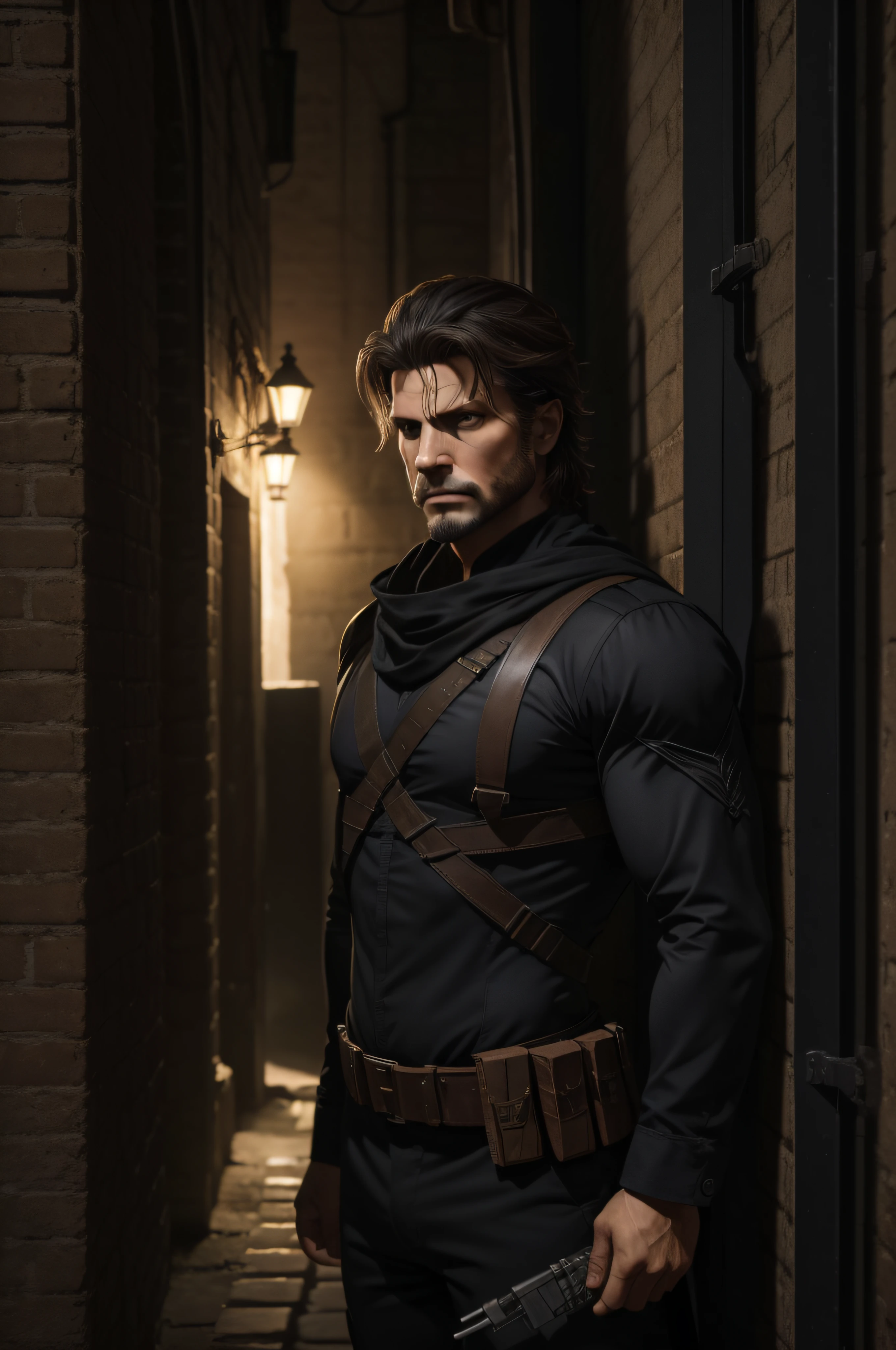 /imagine prompt: O ladino humano, with its solid snake appearance, It's in the dark, beco sombrio, iluminado apenas pela luz de uma tocha. With a long belt of daggers over his chest. He is surrounded by shadows and silence, Preparing for a Secret Mission. The dramatic lighting enhances his stealthy features and concentrated expression. (Estilo: paper illustration, --AR 16:9 --V 5)