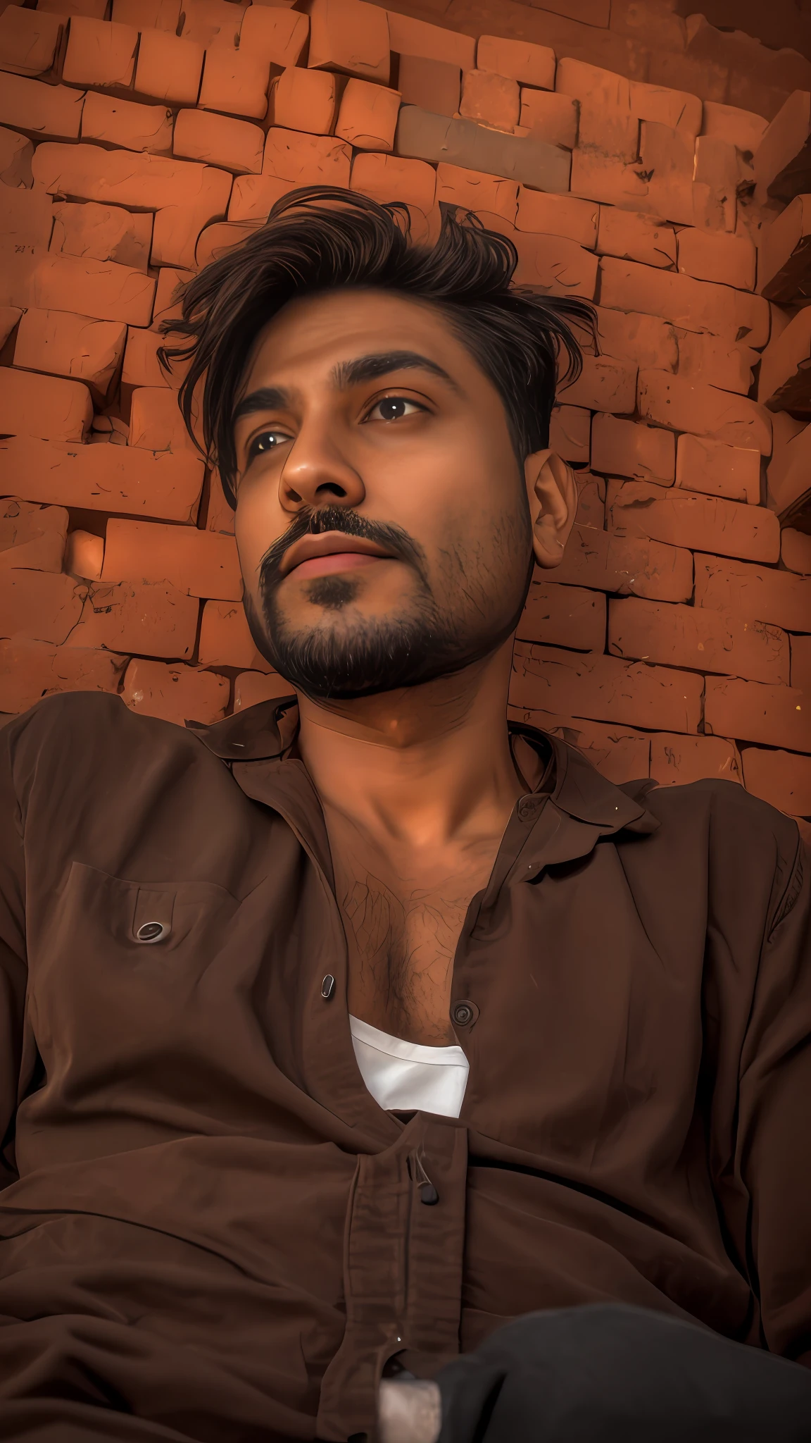 there is a man sitting in front of a brick wall, with accurate face, portait photo profile picture, very artistic pose, portrait shot 8 k, edited in photoshop, * colour splash *, !! low contrast!!, very very low quality picture, inspired by Saurabh Jethani, candid picture, inspired by Kailash Chandra Meher