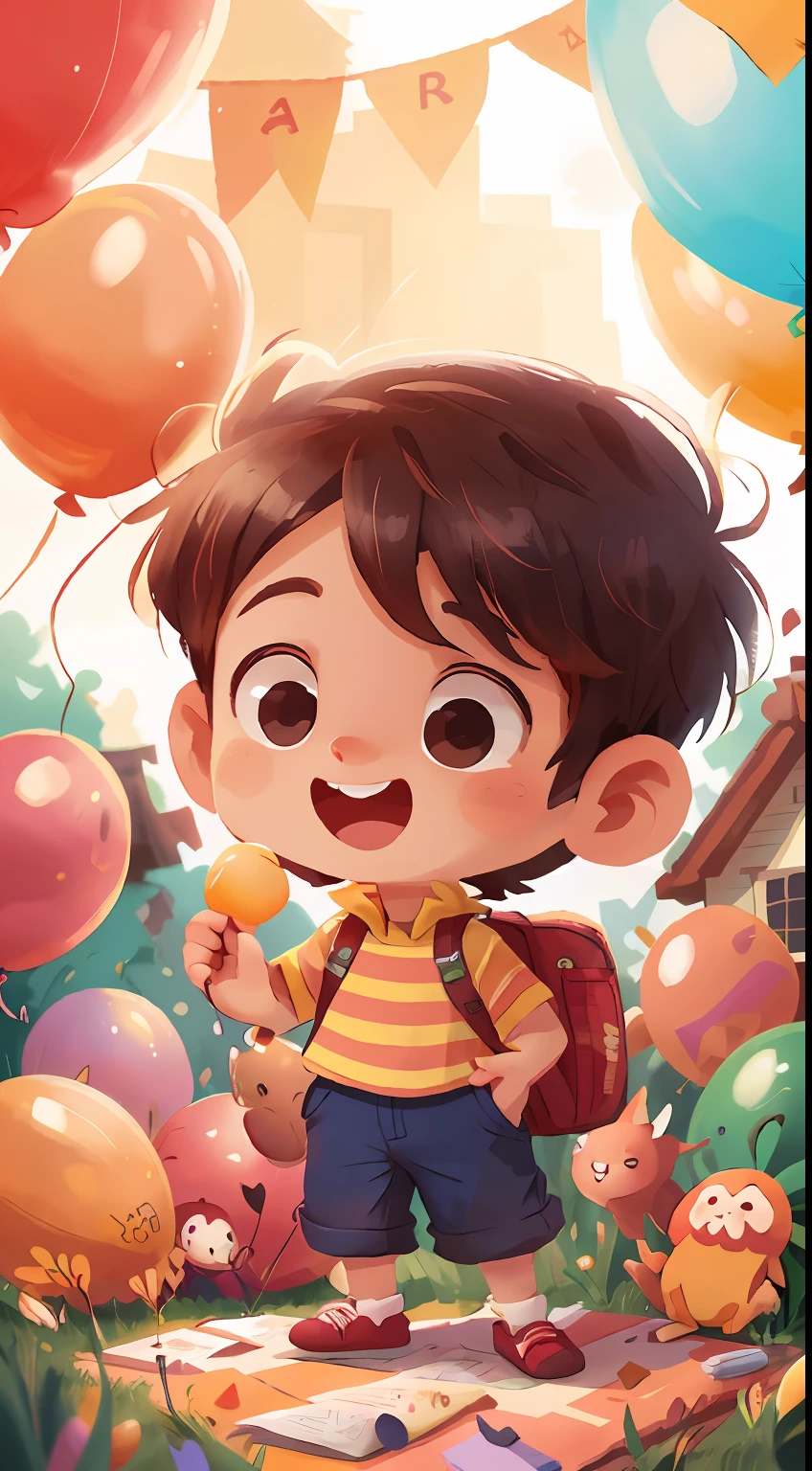 A boy, many balloons, happy, happy, perfect quality, clear focus (clutter - house: 0.8), (masterpiece: 1.2) (realistic: 1.2) (bokeh) (best quality) (detailed skin: 1.3) (intricate details) (8K) (detail eyes) (sharp focus), (happy)