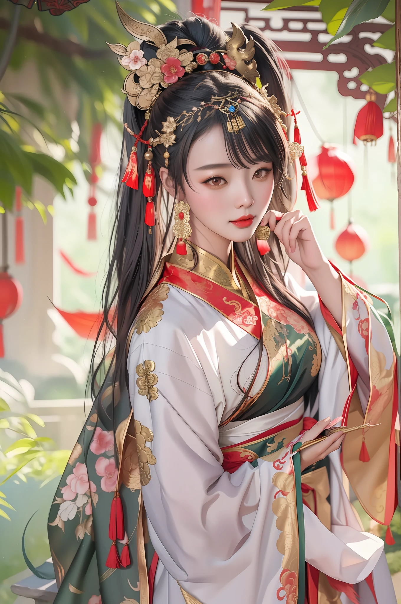 top-quality、​masterpiece、photogenic、8K,Asian woman in arafe in traditional dress holding umbrella, A dark-haired、Hair UP、Ancient Chinese style hairstyle、palatial palace ， a girl in hanfu,Wearing a thin silk cloth、 ancient Chinese costume、Gold hair ornament、Hanfu, artwork in the style of guweiz, a beautiful fantasy empress, dressed in ancient Chinese clothing, Traditional beauty, ((a beautiful fantasy empress)), Red Hanfu, Chinese girl, Chinese style, with acient chinese clothes