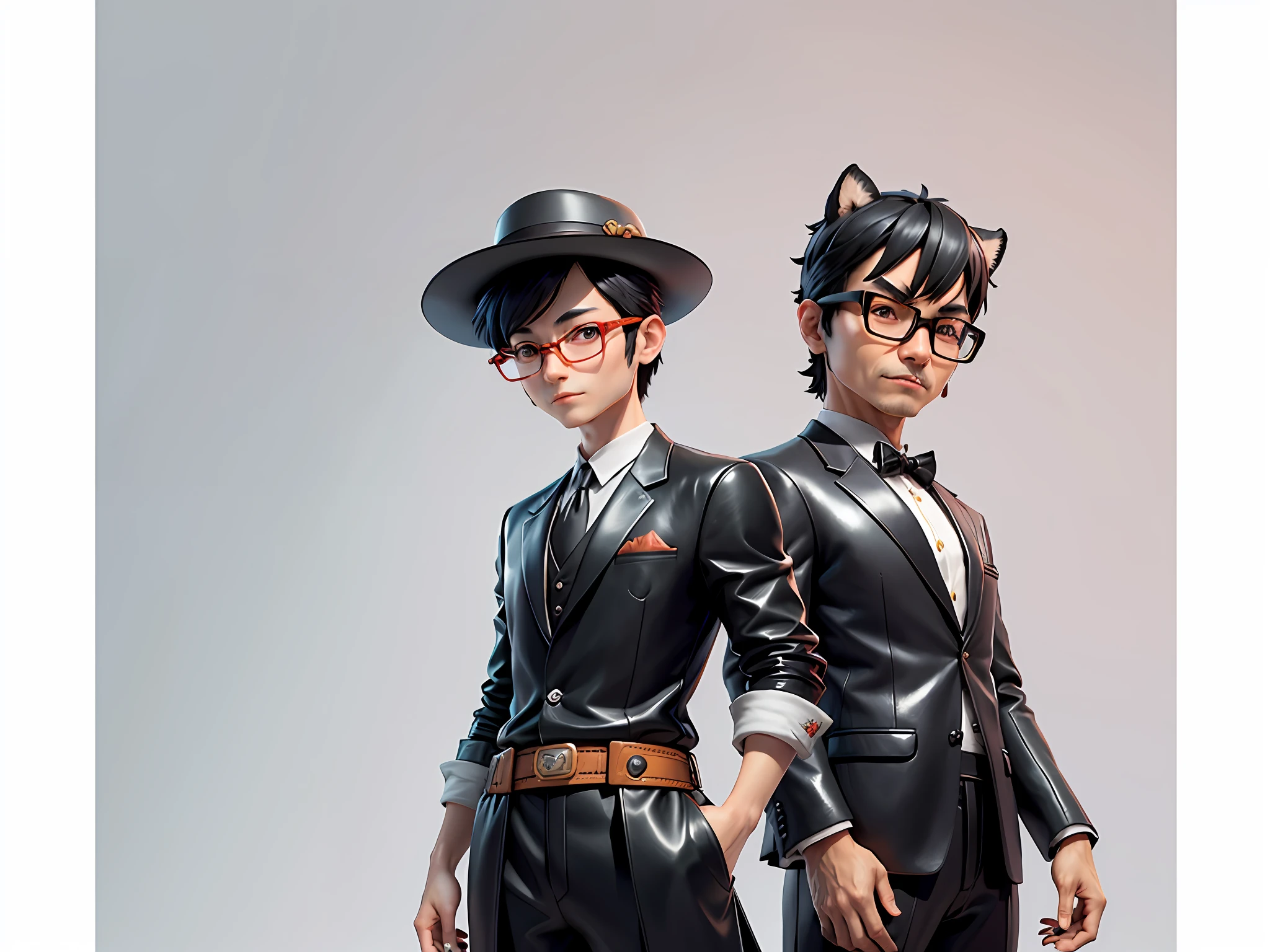Young man with oriental face in leather hat, tiger, oriental face in formal suit, short black hair, silver glasses, digital painting, 3D character design by Mark Clairedon and Pixar and Hayao Miyazaki and Akira Toriyama, the illustration is a high-definition illustration in 4K resolution with very detailed facial features and cartoon-style visuals.