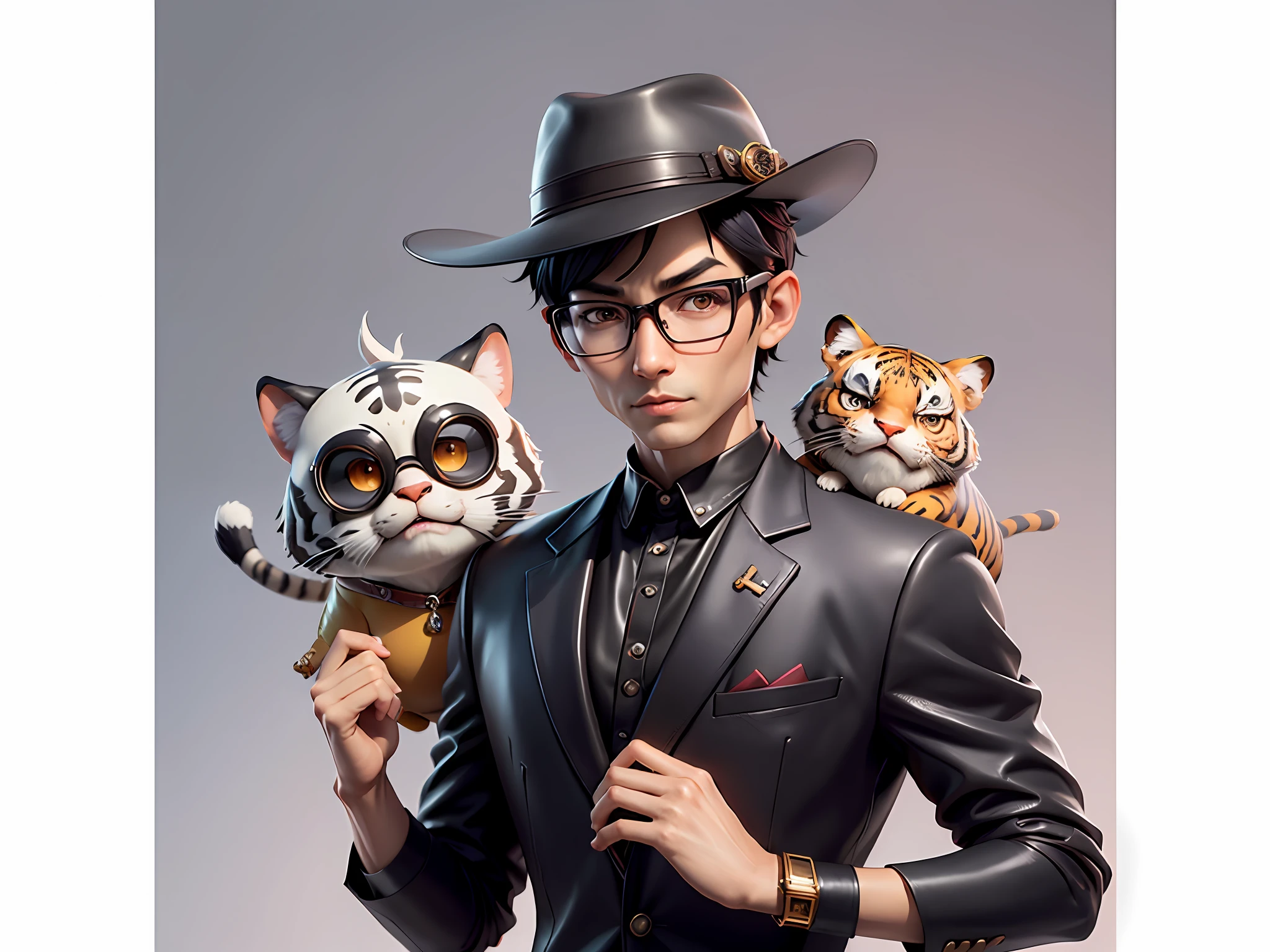 Young man with oriental face in leather hat, tiger, oriental face in formal suit, short black hair, silver glasses, digital painting, 3D character design by Mark Clairedon and Pixar and Hayao Miyazaki and Akira Toriyama, the illustration is a high-definition illustration in 4K resolution with very detailed facial features and cartoon-style visuals.