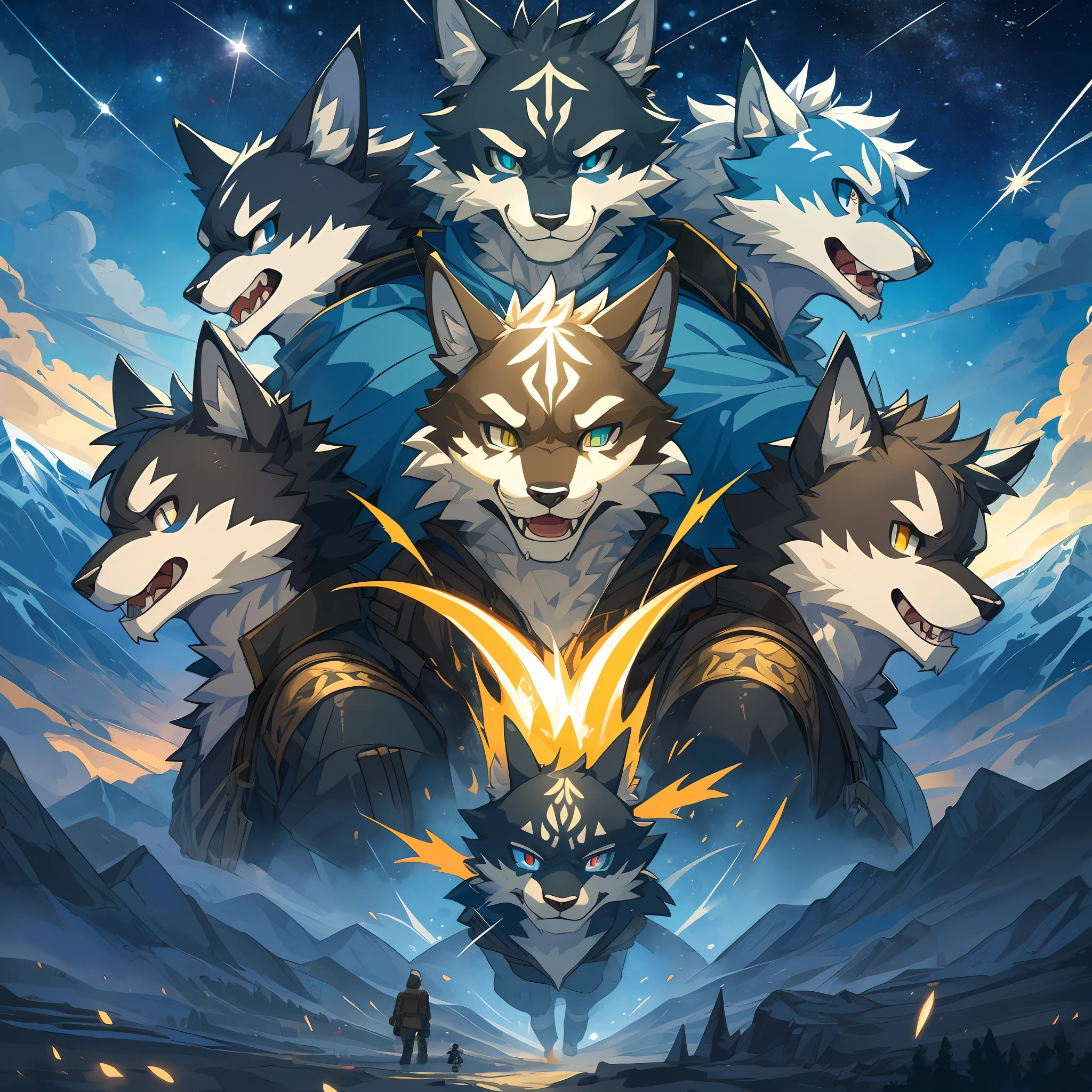 top quality, best quality, High-quality illustrations, masterpiece, super high resolution, detailed background, Characters undergoing physical and psychological transformations, confronting bizarre entities within the mountains, A scene featuring a vast expanse of starry sky in the distance, hinting at the unknown mysteries the mountains hold, 6+boys, 6+girls, absurdres(highly detailed beautiful face and eyes)perfect anatomy, expression, good lighting, cinematic shadow(kemono, furry anthro)assorted poses, dynamic angle,