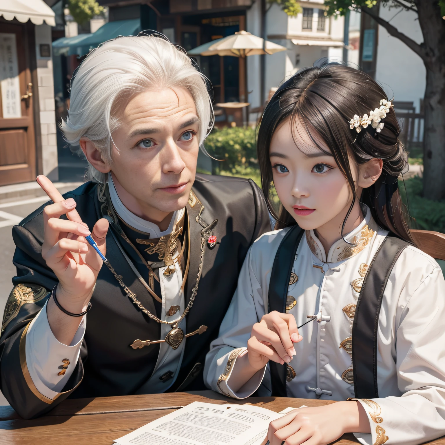 8K，tmasterpiece，Natural lighting，sitting before a table，Outdoor photography，sface focus，detailed face with，facial wrinkle，2 people，Opposite，Male elderly，White hair，Hairpins，Taoist costumes，5 year old boy