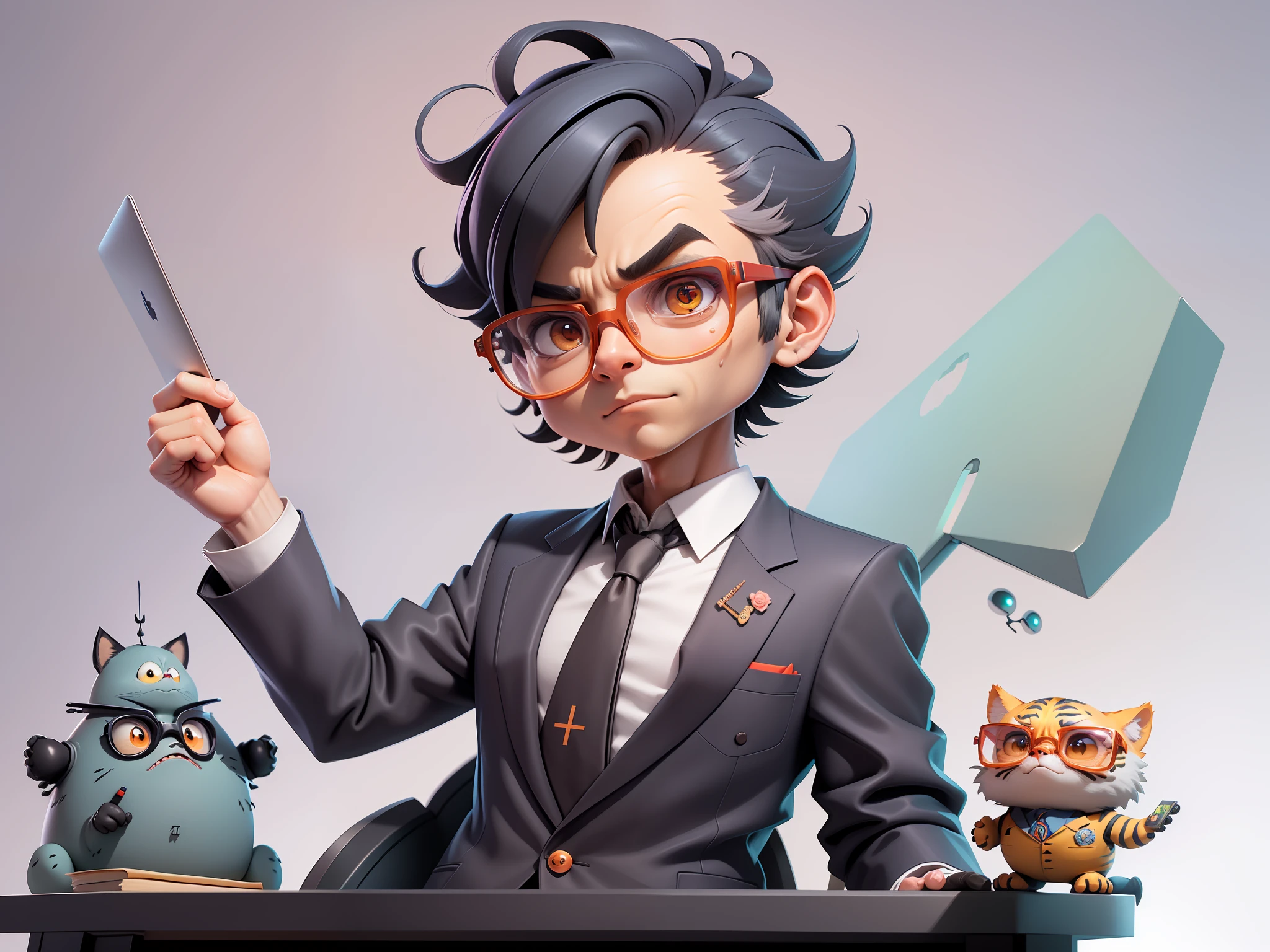 A young man in a suit, Short hair and glasses sat at his desk,holding laptop,digitial painting,tigre,3D character design by Mark Clairen and Pixar and Hayao Miyazaki and Akira Toriyama,4K HD illustration,Very detailed facial features and cartoon-style visuals。