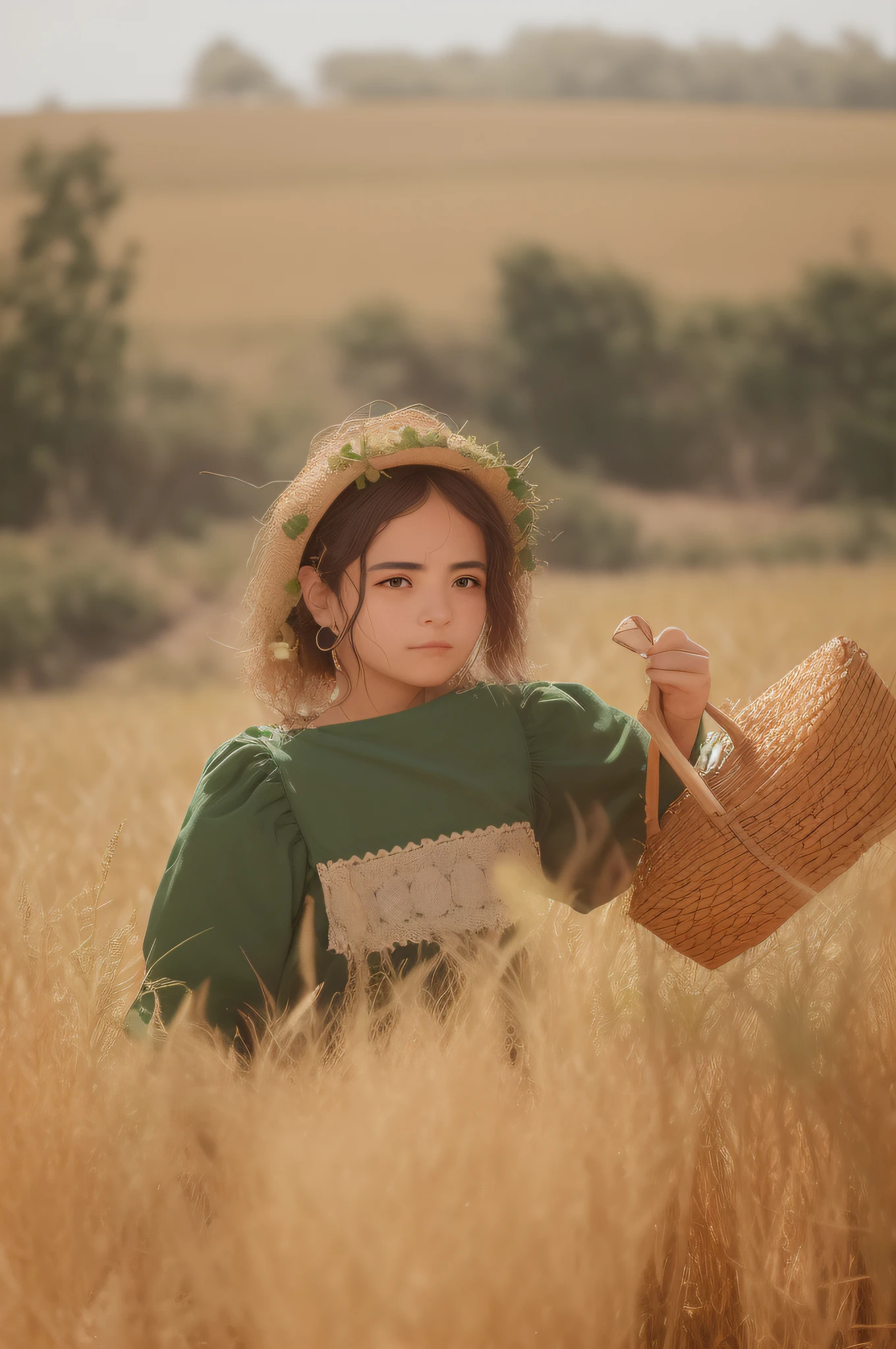 Arafed menina em um campo com uma cesta de alimentos, Menina que caminha no campo de trigo, em um campo de trigo, em um campo, inspirado em Kate Greenaway, Caminhando no Campo de Trigo, nos vastos campos de trigo, posando no campo de trigo, no campo, garota, imagem retrato, 🍁 fofo, em um campo verde aberto, garotinha, em um prado