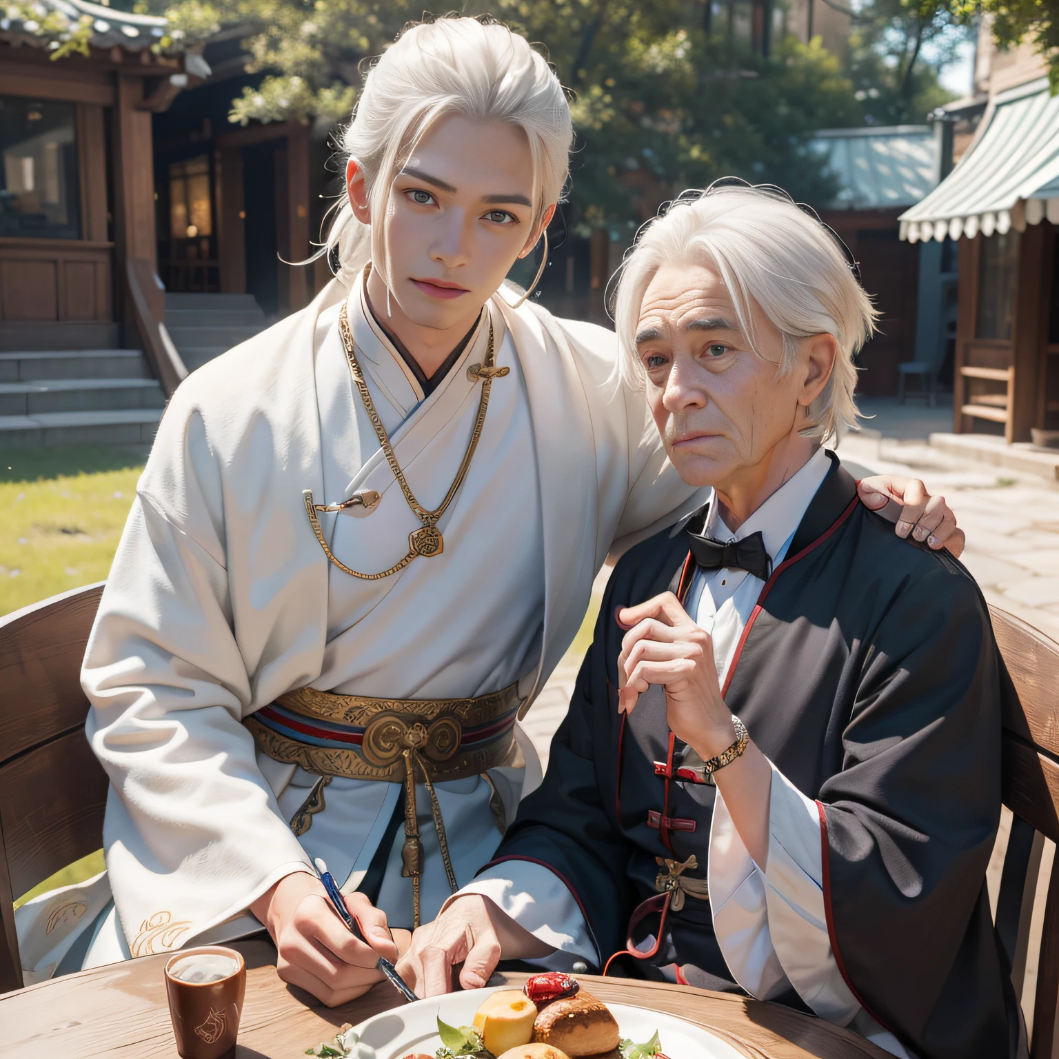 8K，tmasterpiece，Natural lighting，sitting before a table，Outdoor photography，sface focus，detailed face with，facial wrinkle，2 people，Opposite，Male elderly，White hair，Hairpins，Taoist costumes，boy