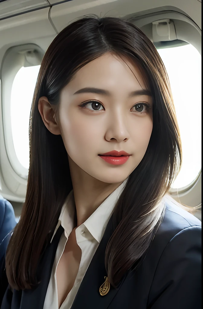 top-quality, masterpiece, 8K, 超A high resolution, (Photorealsitic:1.4), Highly Detailed and Complex Detail, Delicate and beautiful, good lighting, profetional lighting, foco nítido, detailed shadow, Exquisite details and textures, depth of fields, Unity 8k壁纸, Film composition, 电影灯光, Official art, Cabin Crew, Black pantyhose, (aircraft, (Aircraft corridors), Aircraft Seats) Beautiful elegant face, A detailed face, A detailed eye、Realistic hair、length hair、(1girl in)、(is standing:1.3)、((( are visible)))、