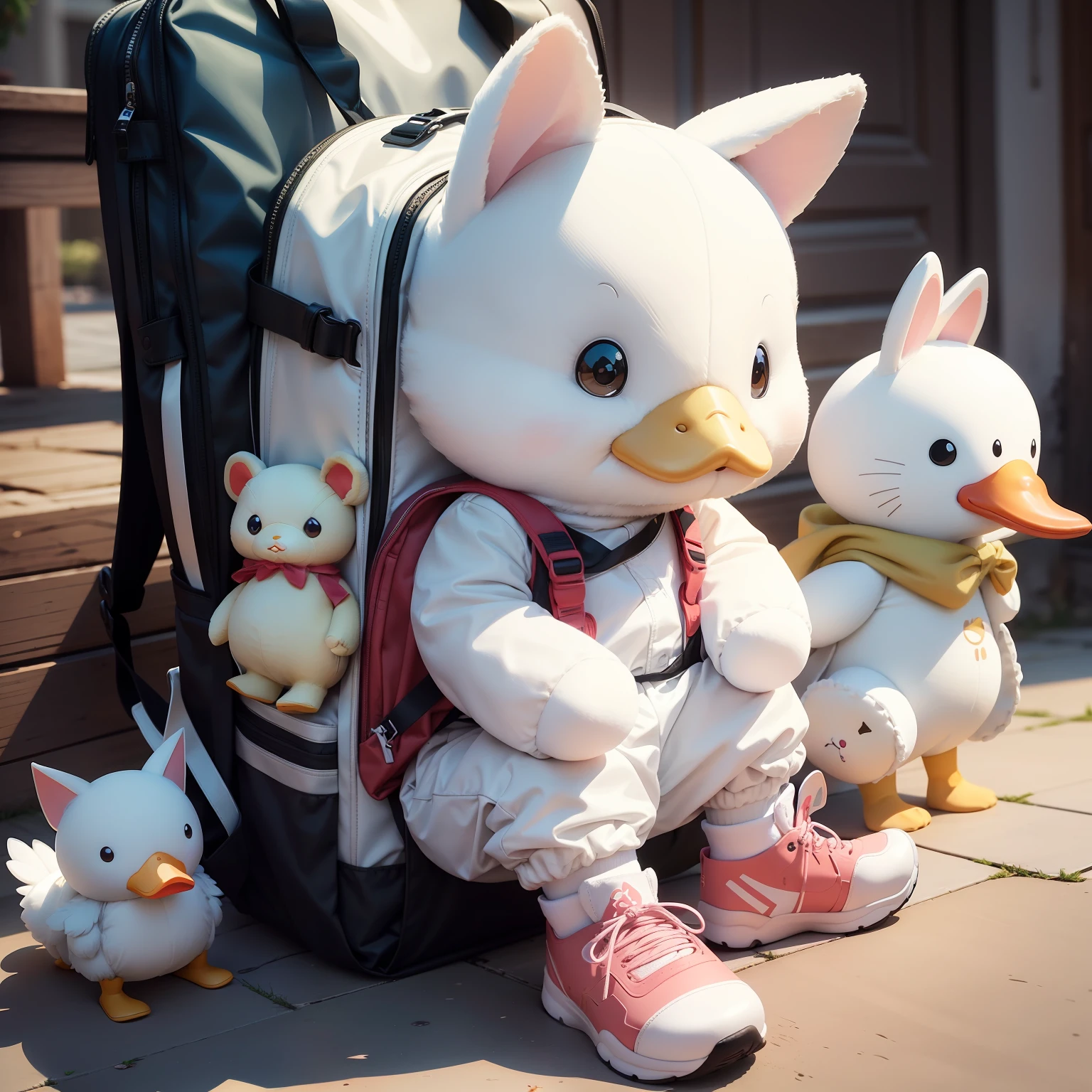 A small white rabbit with a backpack on his back and next to him is a duck with a backpack also next to him also has a cat in boots with backpacks and next to him a cute teddy bear with a children's backpack