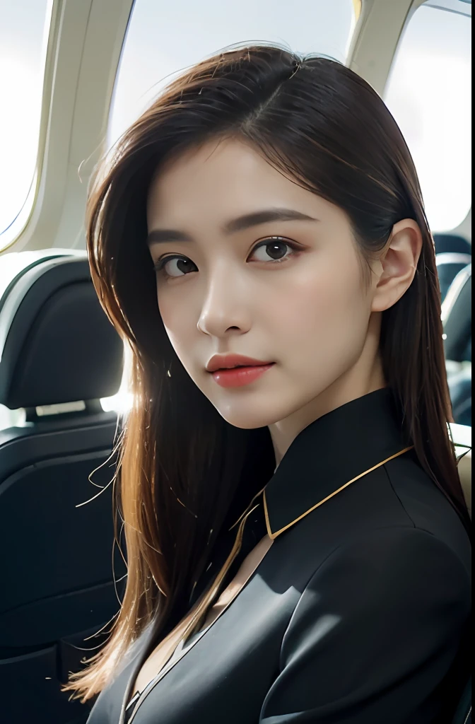 top-quality, masterpiece, 8K, 超A high resolution, (Photorealsitic:1.4), Highly Detailed and Complex Detail, Delicate and beautiful, good lighting, profetional lighting, foco nítido, detailed shadow, Exquisite details and textures, depth of fields, Unity 8k壁纸, Film composition, 电影灯光, Official art, Cabin Crew, Black pantyhose, (aircraft, (Aircraft corridors), Aircraft Seats) Beautiful elegant face, A detailed face, A detailed eye、Realistic hair、length hair、(1girl in)、(is standing:1.3)、((( are visible)))、