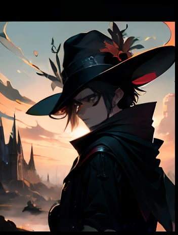 (absurdes, high resolucion, Ultra detailded), Masterpiece, Best quality, A boy with a black outfit, Cap rouge, sorcier, seulement, beau, Cheveux courts, cheveux roux, yeux rouges vibrants, bright eye, Effet lueur, Fine eye, Detailed face, flamme rouge, spark, tourbillon, Isolated land background, from below, Regarder en bas, Regarder le spectateur, Tir de cowboy