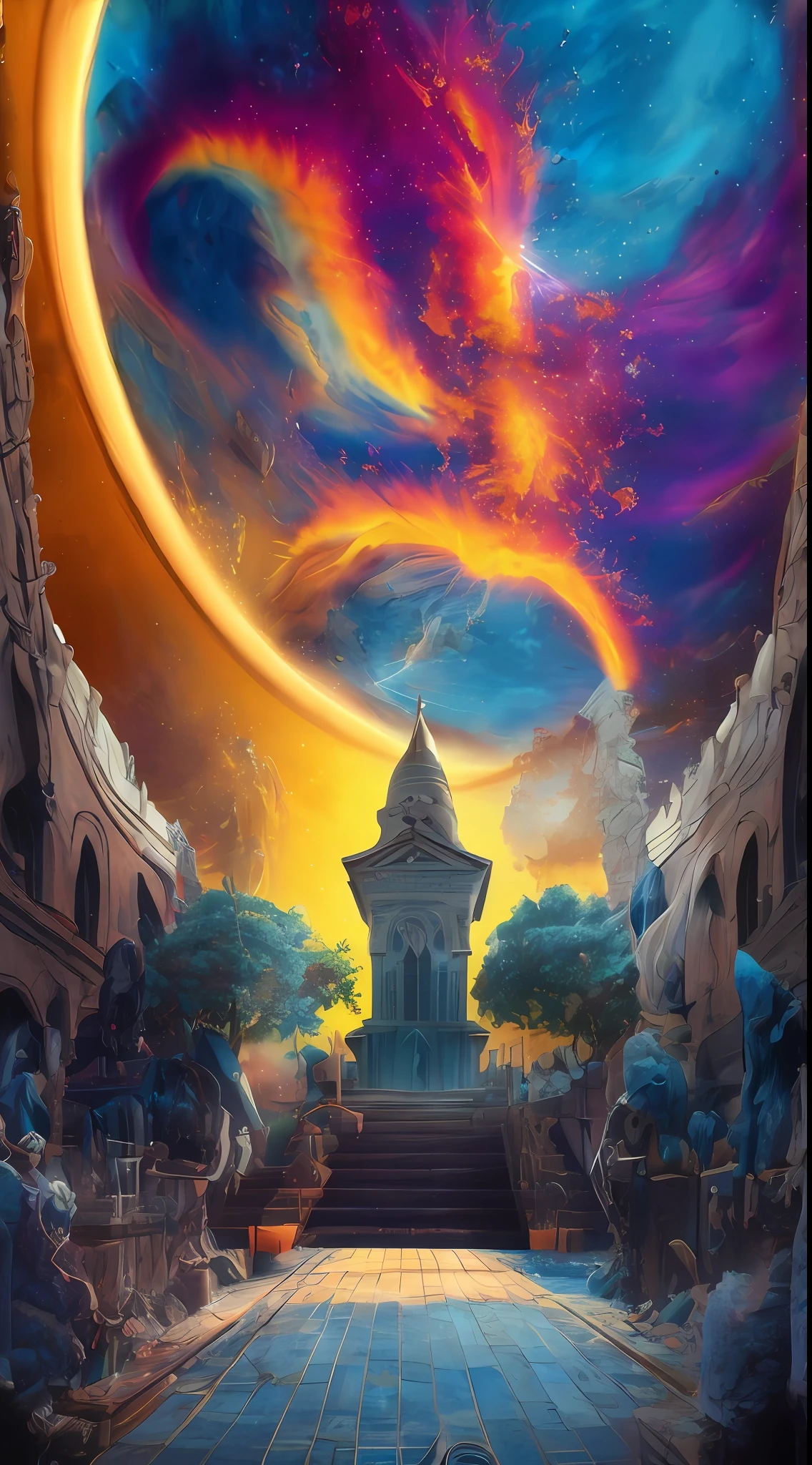 Incredible and spectacular scene, um "(alta qualidade)), (detalhado)), ((fantasia)), illustration, perspectiva (45 degree tilt angle), tema (estilo floresta encantada), ((arquitectura)) Spoiled buildings, ((Africa)) nuvens coloridas e nevua, Masks and rituals, elementos de cena (menino bonito, menina bonita), qualidade de imagem (3D rendering effect), detalhes requintados, belas luzes "emergem de nuvens brilhantes, linhas de nebulosas fractais, cosmic entities, corpos celestes, universos, vibrant and vivid, girando, girando, impractical, alto contraste, co-metabolic, magica, misterioso, misterioso, surreal, saturado, colorido