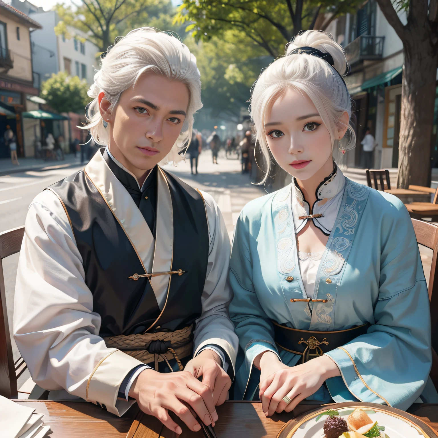 8K,tmasterpiece,Natural lighting,sitting before a table,Outdoor photography,sface focus,detailed face with,facial wrinkle,2 people,Opposite,Male elderly,White hair,Hairpins,Taoist costumes,boy