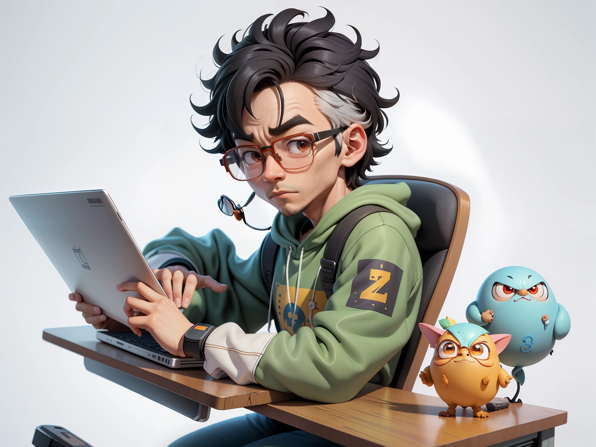 A young man with glasses sits at his desk，holding laptop，digitial painting，3D character design by Mark Clairen and Pixar and Hayao Miyazaki and Akira Toriyama，4K HD illustration，Very detailed facial features and cartoon-style visuals。