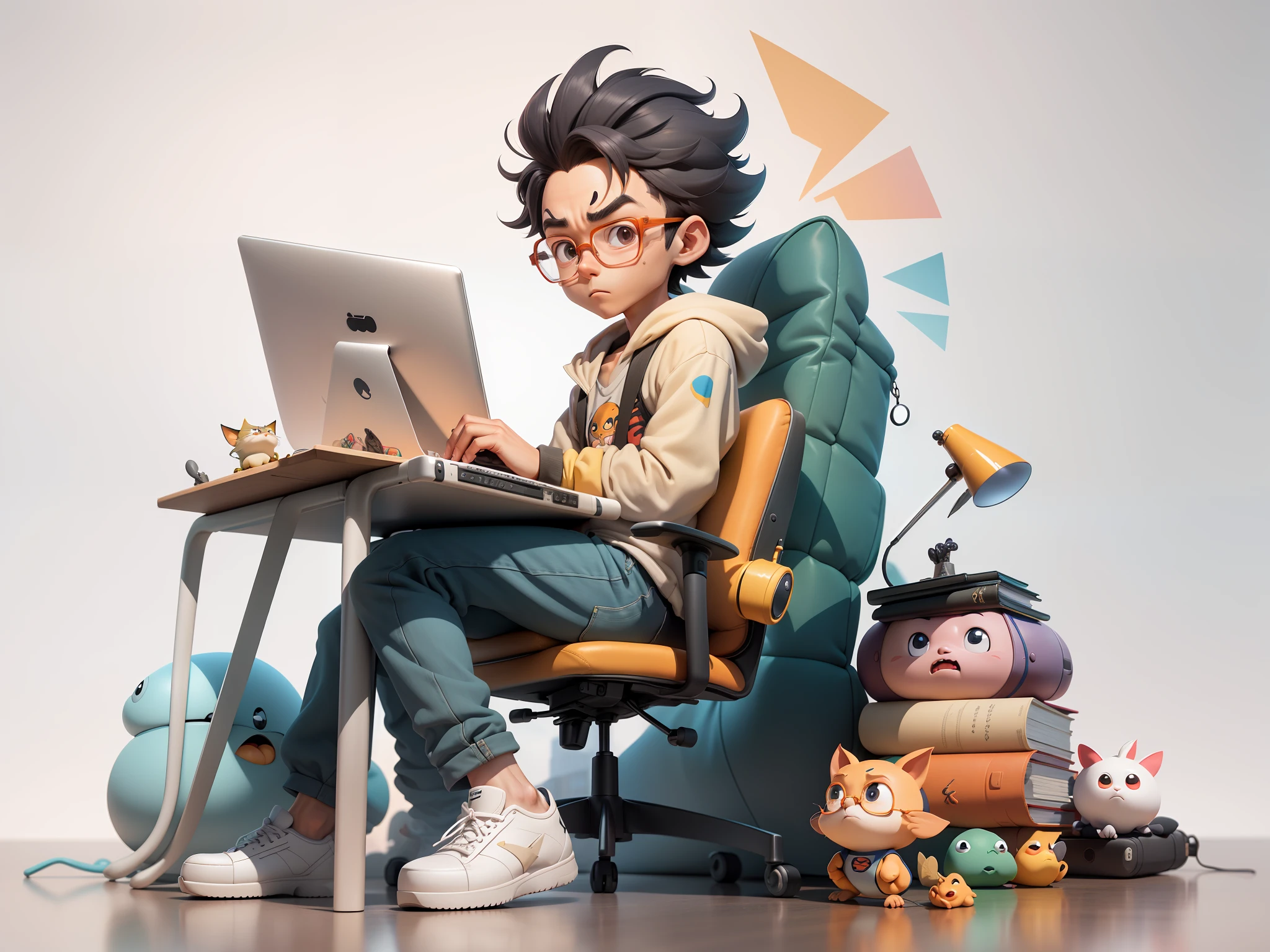 A young man with glasses sits at his desk，holding laptop，digitial painting，3D character design by Mark Clairen and Pixar and Hayao Miyazaki and Akira Toriyama，4K HD illustration，Very detailed facial features and cartoon-style visuals。