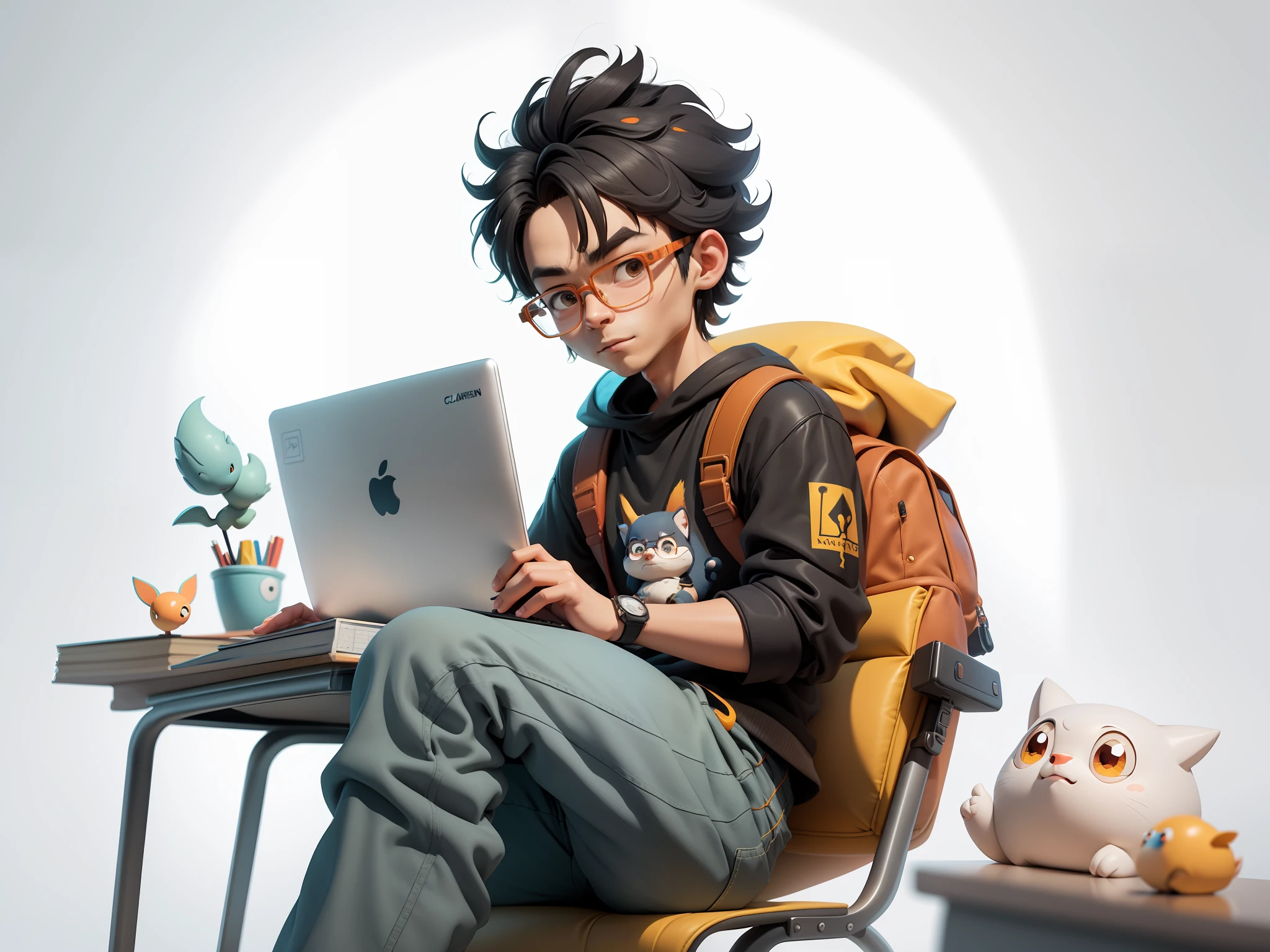 A young man with glasses sits at his desk，holding laptop，digitial painting，3D character design by Mark Clairen and Pixar and Hayao Miyazaki and Akira Toriyama，4K HD illustration，Very detailed facial features and cartoon-style visuals。