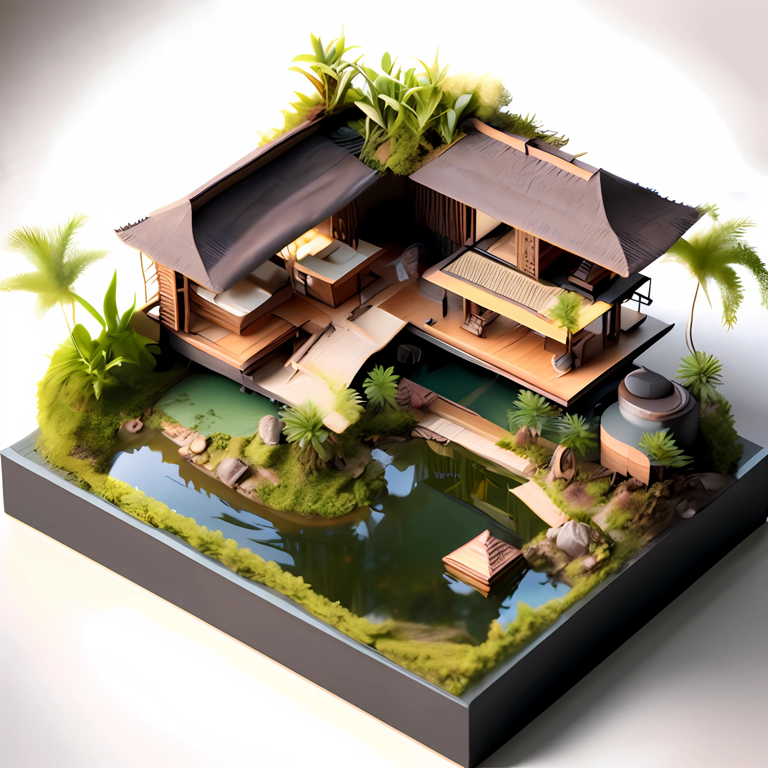 photo, a model of a cyberpunk balinese style house with a pond