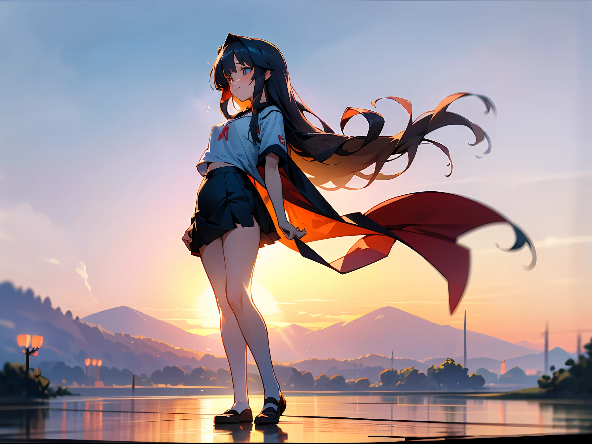 anime girl with red long hair, wearing white tshirt and black skirt , anime moe artstyle, full body seductive anime girl, standing with crossed legs, day, countryside, blush, cute anime 8 k, , (anime girl), zerochan art, 1girl, h, high res, ultrasharp, 8k, masterpiece, perfect body, perfect face, cute face,