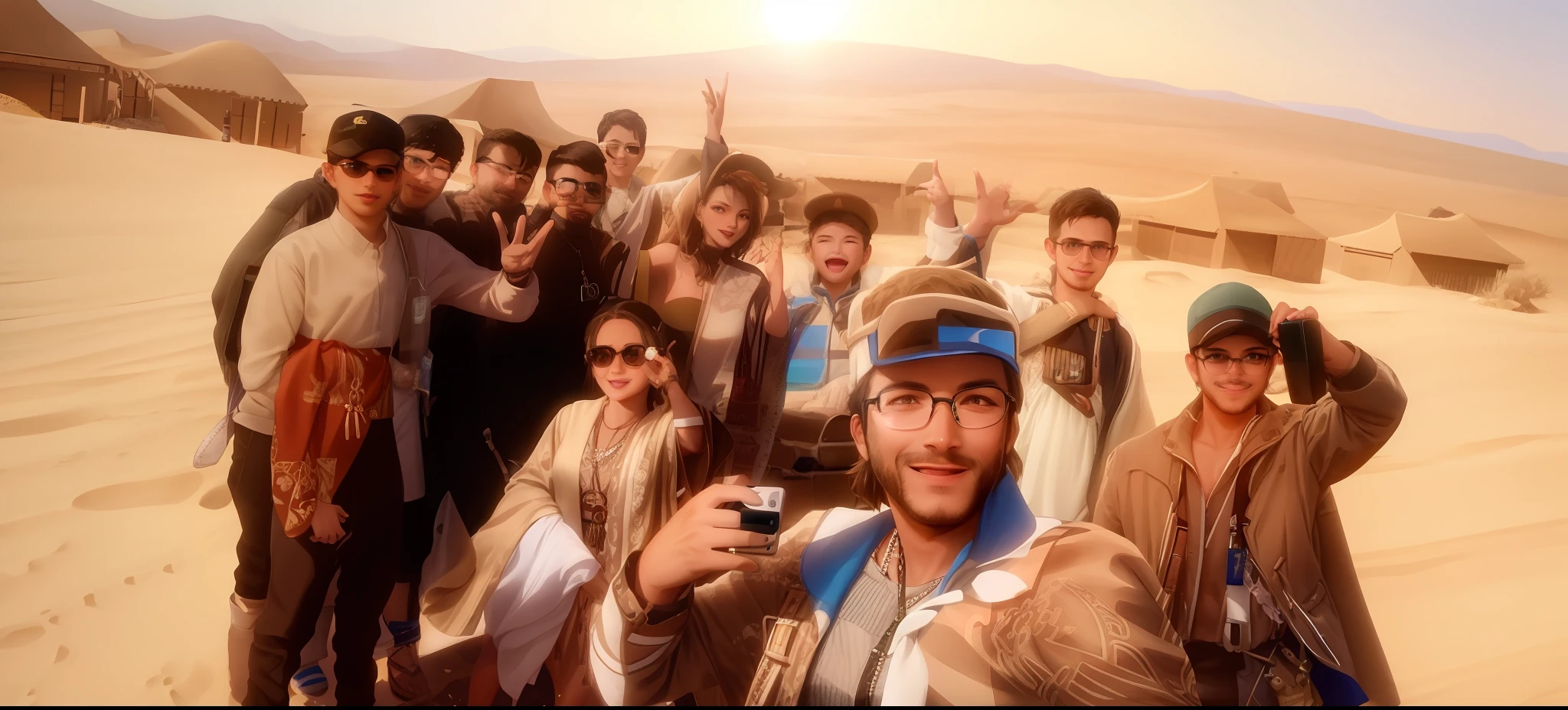 several people are standing in the sand with their arms up, profile pic, very very low quality picture, facebook post, with village, selfie photo, selfie, competition winning, in desert, spring season, shot on gopro9, during sunrise, stylish pose, 8k selfie photograph, with many travelers, candid picture, everyone having fun, very accurate photo