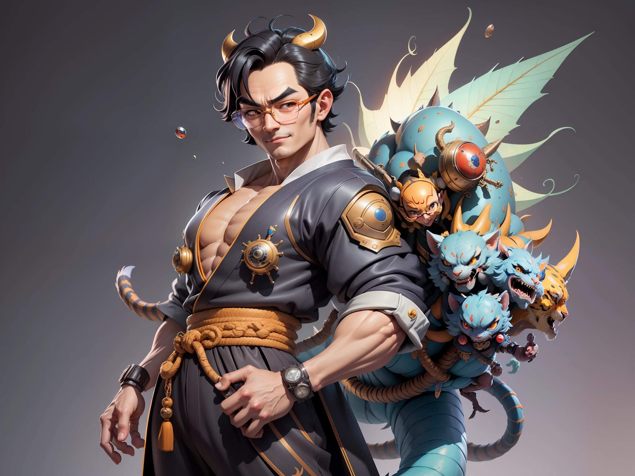 (Masterpiece), (Excellent), (Super Meticulous), (Full Body: 1.2), Super Young Man with Japanese Female Geisha, Pretty, Beautiful, Chinese Dragon, Tiger, Wind God Thor, Sexy, Bursting, Oriental Face, TV Anchor, Bust Portrait Illustration, Black Suit, Blue Tie, Slightly Chubby Face, Silver Glasses, Very Clean Face, No Beard on Chin, Black Super Short Hair, Black Eyes, Confident Smile, 3c Computer Sub-Products, iPad, iPhone, Digital Painting, 3D character design by Mark Clairedon and Pixar and Hayao Miyazaki and Akira Toriyama, the illustrations are HD illustrations in 4K resolution with highly detailed facial features and cartoon-style visuals.