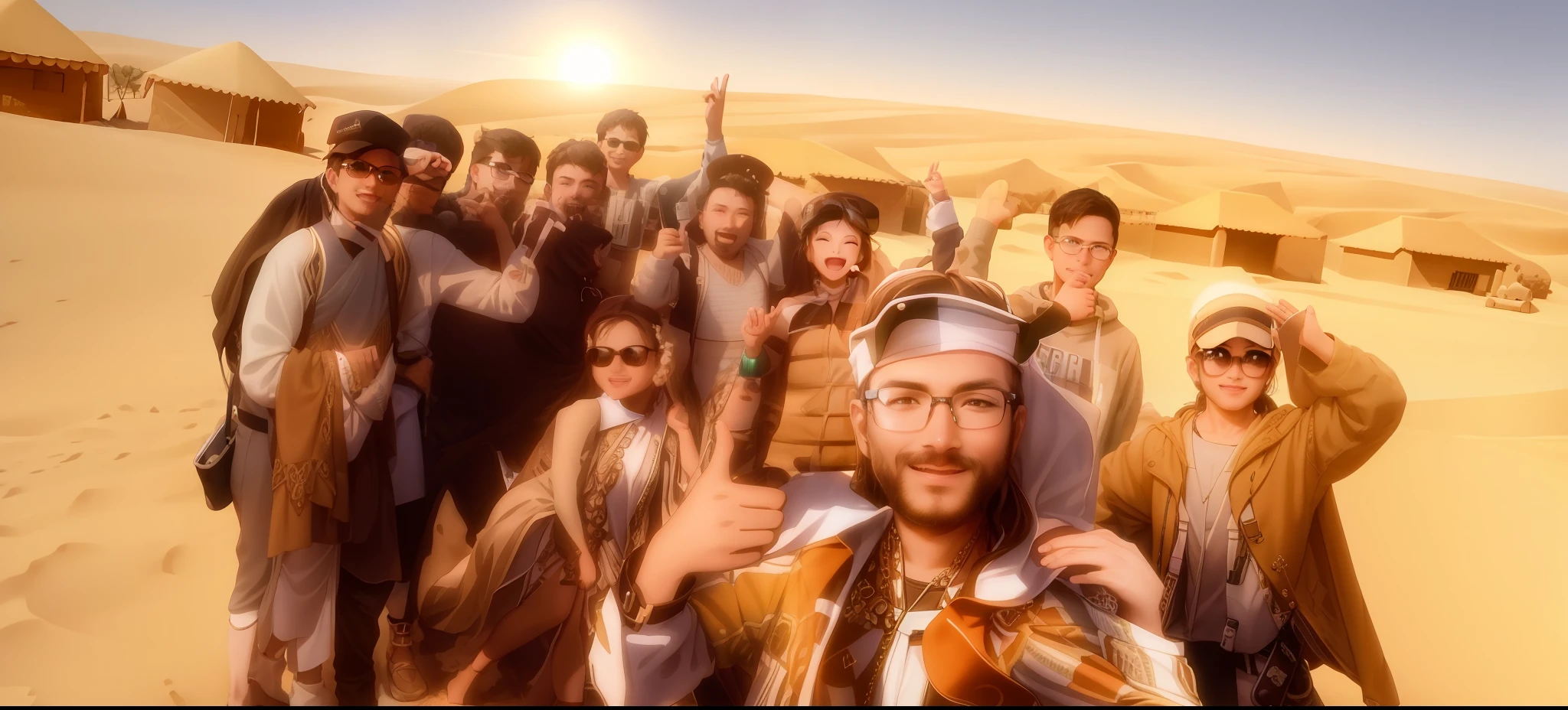 several people are standing in the sand with their arms up, profile pic, very very low quality picture, facebook post, with village, selfie photo, selfie, competition winning, in desert, spring season, shot on gopro9, during sunrise, stylish pose, 8k selfie photograph, with many travelers, candid picture, everyone having fun, very accurate photo