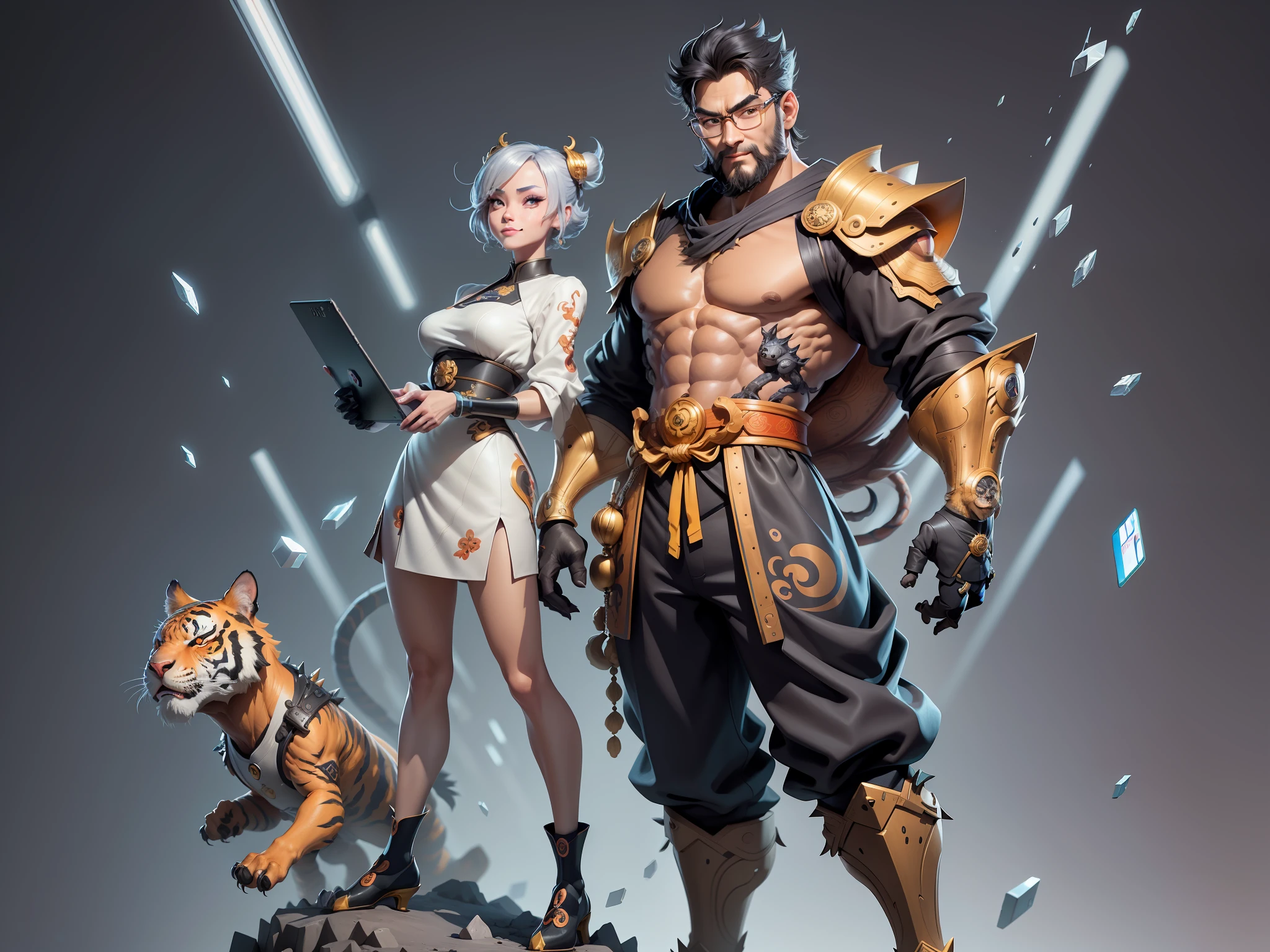 (Masterpiece), (Excellent), (Super Meticulous), (Full Body: 1.2), Super Young Man with Japanese Female Geisha, Pretty, Beautiful, Chinese Dragon, Tiger, Wind God Thor, Sexy, Bursting, Oriental Face, TV Anchor, Bust Portrait Illustration, Black Suit, Blue Tie, Slightly Chubby Face, Silver Glasses, Very Clean Face, No Beard on Chin, Black Super Short Hair, Black Eyes, Confident Smile, 3c Computer Sub-Products, iPad, iPhone, Digital Painting, 3D character design by Mark Clairedon and Pixar and Hayao Miyazaki and Akira Toriyama, the illustrations are HD illustrations in 4K resolution with highly detailed facial features and cartoon-style visuals.