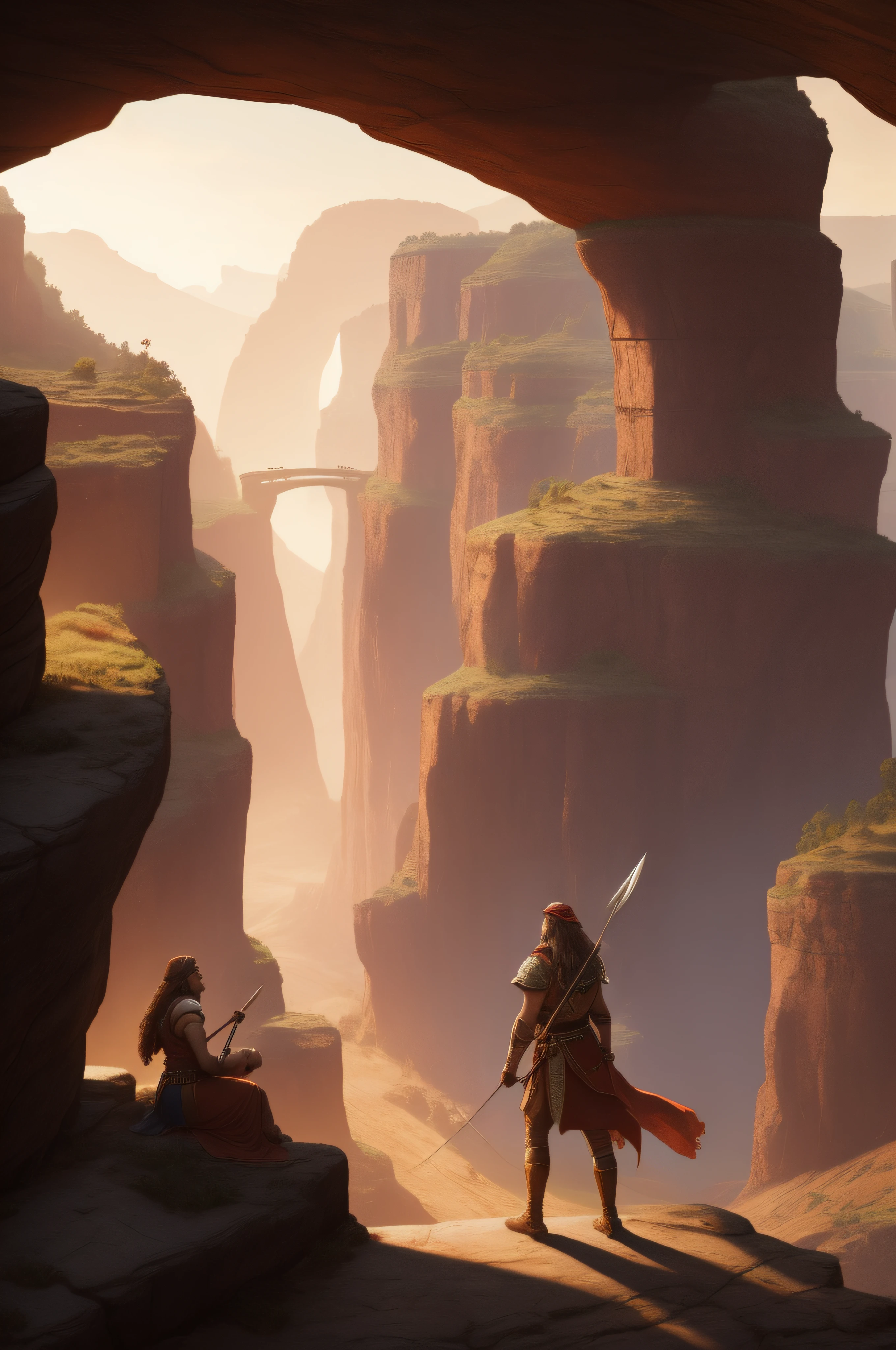 /imagine prompt: In a vast and desolate canyon, seis figuras destemidas enfrentam o horizonte. The Barbarian King, with a serious expression, He holds his axe with calloused hands. The Young Barbarian Woman, com um olhar determinado, empunha seu martelo de batalha com facilidade. The female dwarf queen, com sua longa barba adornada com pedras preciosas, segura seu machado com orgulho. The Elven Ranger, com seu olhar afiado, is ready to shoot your arrow at any time. The Sexy Elven Princess Magician, com olhos brilhantes, emanates magical energy from your hands in a spectacle of lights and colors. O ladino humano, with a shrewd expression, segura suas adagas com destreza enquanto se prepara para a batalha. The canyon has imposing rock walls, com tons de vermelho, marrom e laranja, carved over millennia. The afternoon sky features soft shades of pink and orange, criando uma atmosfera calma e majestosa. Soft lighting enhances the details of the characters and the environment, while each hero's emotional expression shows their determination and courage to face what's to come. The digital illustration is meticulously created with a wealth of detail, resulting in an epic and engaging fantasy scene. multiple characters, multiple poses and expressions (Estilo: digital illustation, --ar 16:9 --v 5)