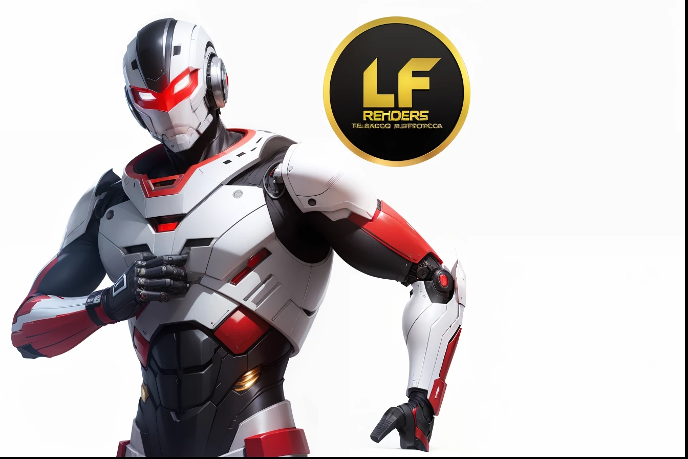 Half-robotic hero outfit of black and red color with white stripes and gold details, Fotorrealista, humana