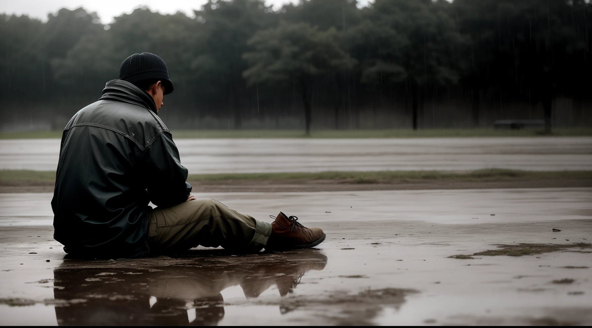 one man sitting on the ground, in worn and very old clothes, negative mood, guilt, heavy rain, soft particles, in the evening, wet reflective earth, artistic image, against the background of a battlefield, closeup