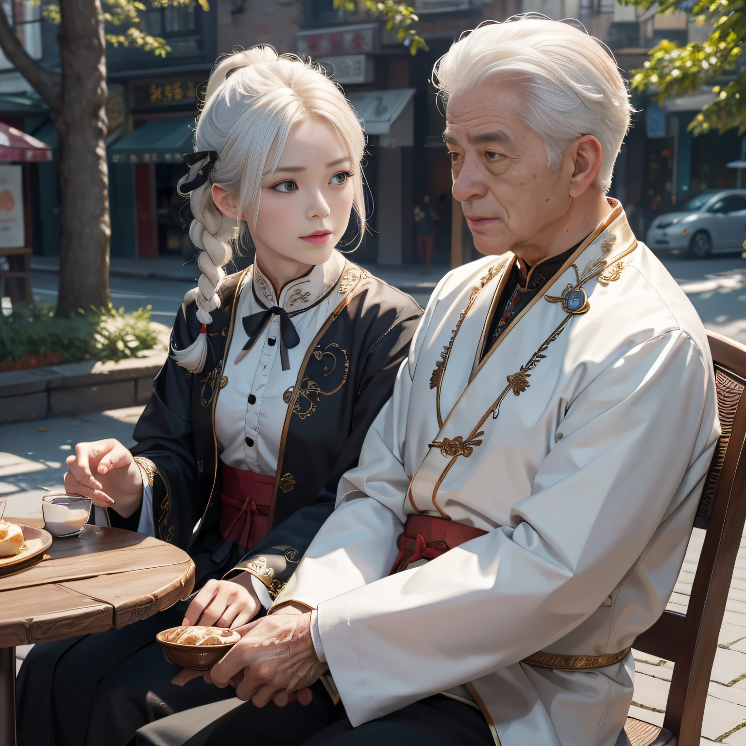 8K,tmasterpiece,Natural lighting,sitting before a table,Outdoor photography,sface focus,detailed face with,facial wrinkle,2 people,Opposite,Male elderly,White hair,Hairpins,Taoist costumes,boy