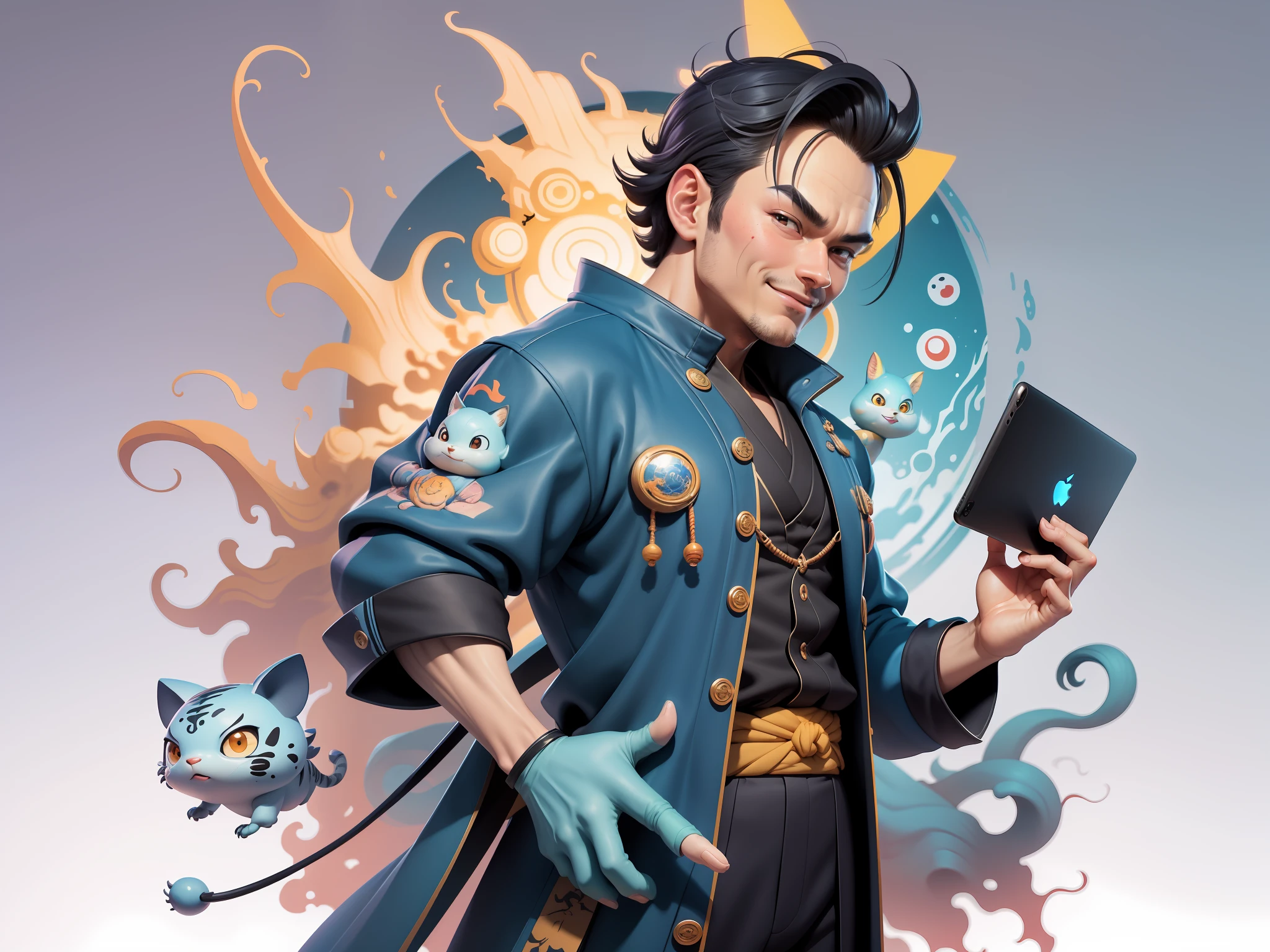 (Masterpiece), (Excellent), (Super Meticulous), (Full Body: 1.2), Super Young Man, Oriental Face, Japanese Kimono, Japanese Wind Thunder God, Dragon, Tiger, TV Anchor, Bust Portrait Illustration, Alone, Black Suit, Blue Tie, Slightly Chubby Face, Very Clean Face, No Beard, Black Super Short Hair, Black Eyes, Confident Smile, 3c Computer Sub-Products, iPad, iPhone, Digital Painting, 3D Character Design by Akira Toriyama and Mark Claireden and Pixar and Hayao Miyazaki, The illustration is a high-definition illustration in 4K resolution with very detailed facial features and cartoon-style visuals.
