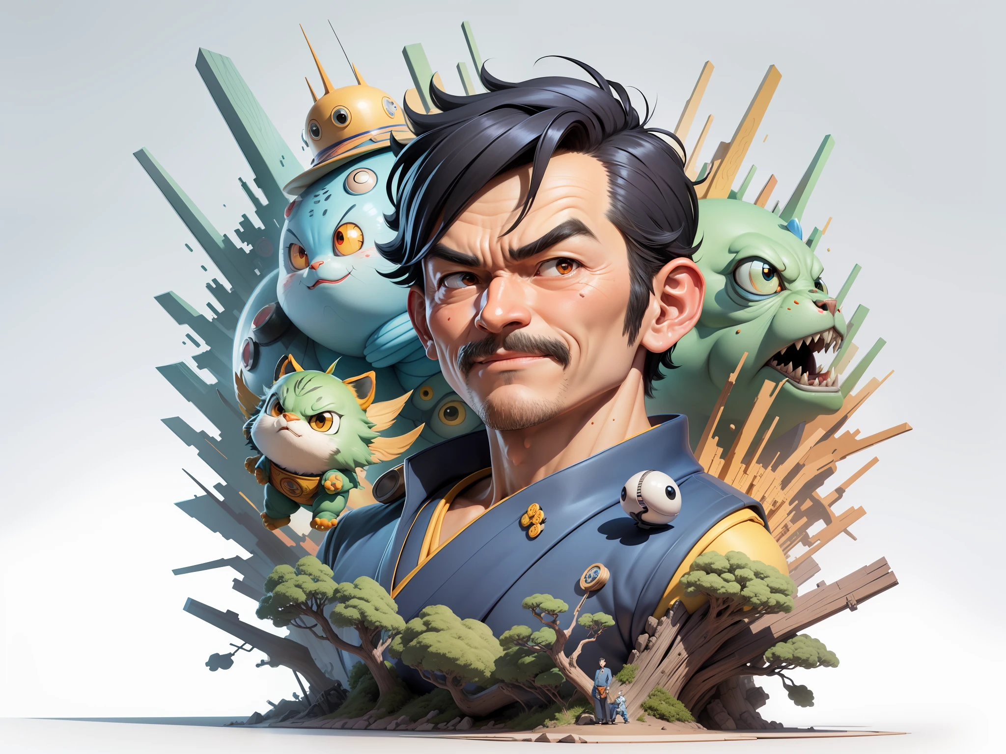 (Masterpiece), (Excellent), (Super Meticulous), (Full Body: 1.2), Super Young Man, Oriental Face, Japanese Kimono, Japanese Wind Thunder God, Dragon, Tiger, TV Anchor, Bust Portrait Illustration, Alone, Black Suit, Blue Tie, Slightly Chubby Face, Very Clean Face, No Beard, Black Super Short Hair, Black Eyes, Confident Smile, 3c Computer Sub-Products, iPad, iPhone, Digital Painting, 3D Character Design by Akira Toriyama and Mark Claireden and Pixar and Hayao Miyazaki, The illustration is a high-definition illustration in 4K resolution with very detailed facial features and cartoon-style visuals.