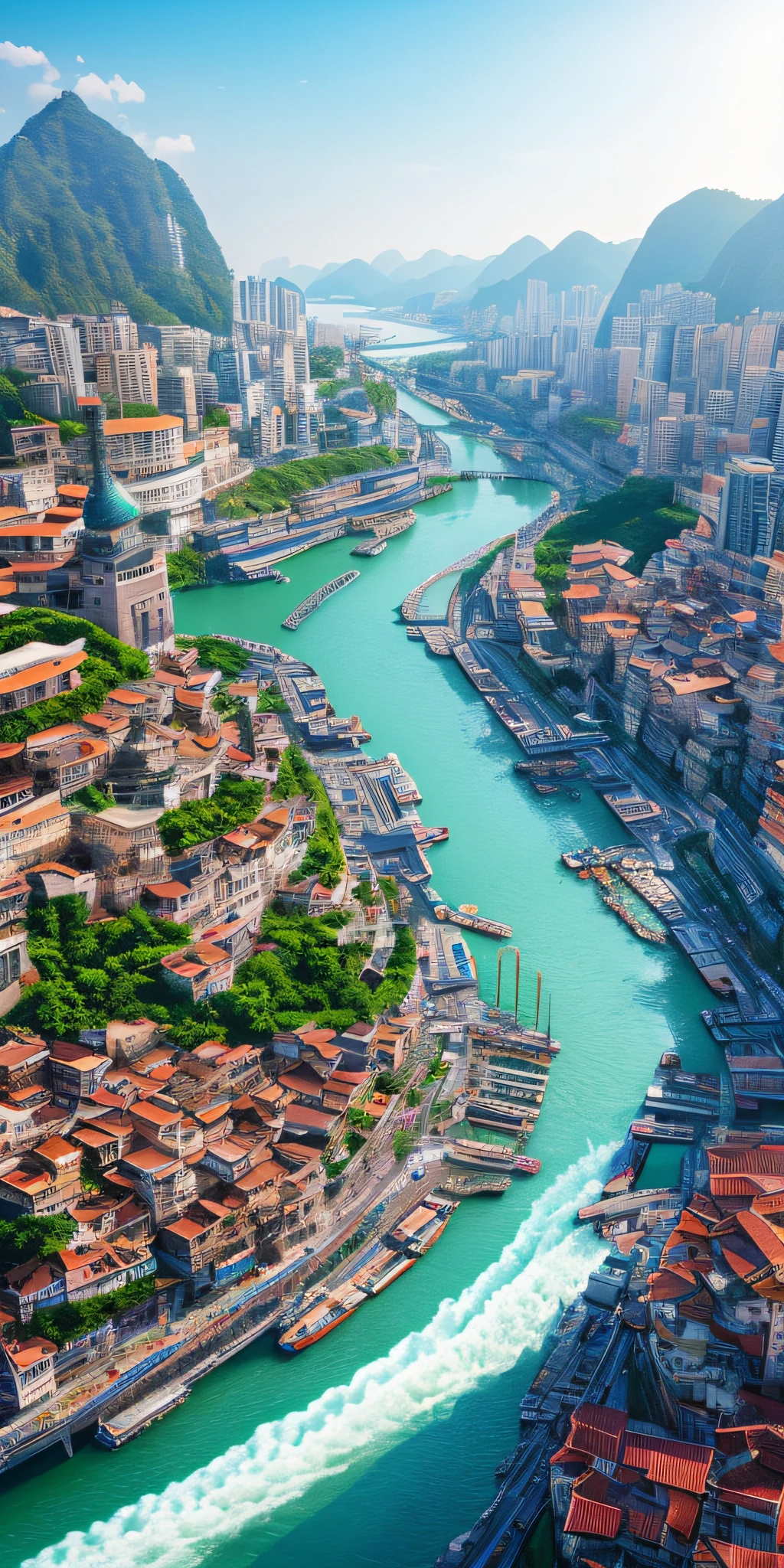 清明上河图，horizontal layout, high resolution, best quality, ultra-detailed, dynamic angle, floating, bustling cityscape, intricate details, historical architecture, flowing river, vivid colors, volumetric lighting, crowded boats and bridges, rich cultural background.