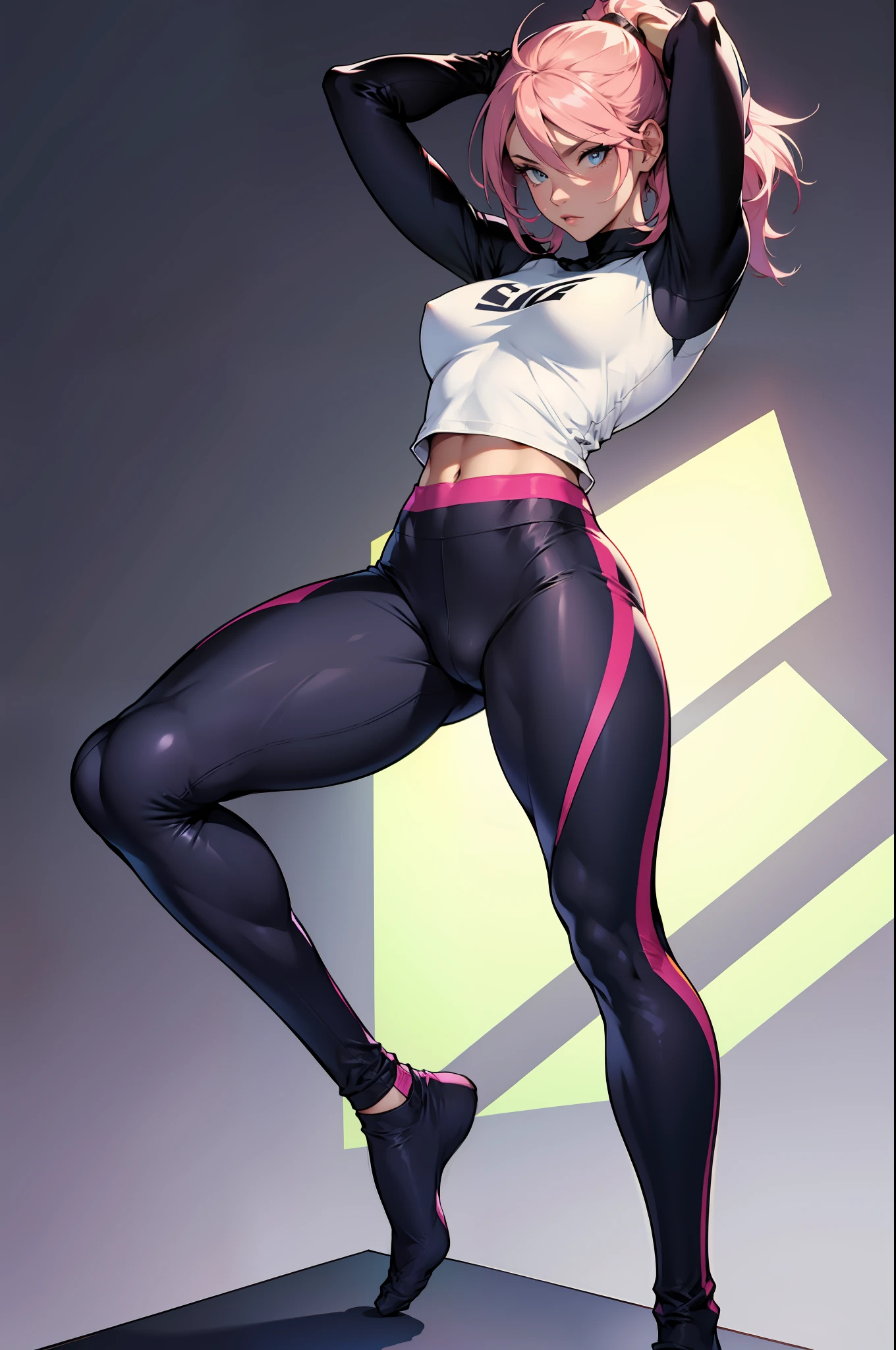 skintight, tight clothes, tight pants, tight t-shirt, t-shirt, leggings, 1girl, solo, feet, simple background