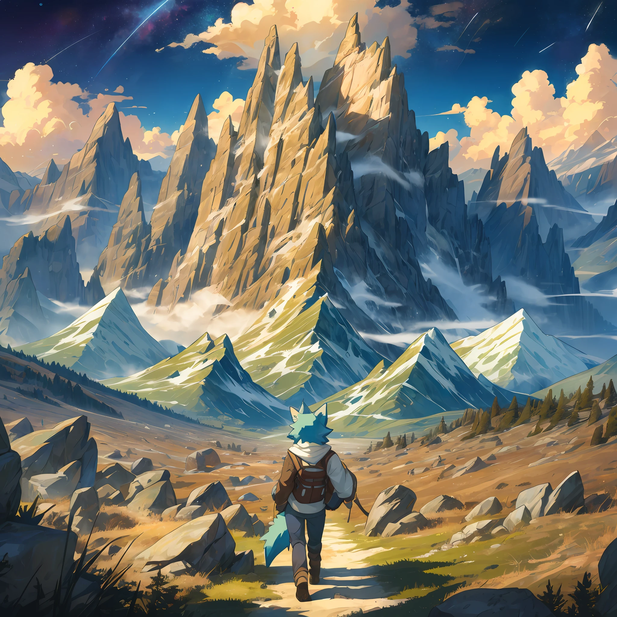 top quality, best quality, High-quality illustrations, masterpiece, super high resolution, detailed background, Distorted rocks and plants creating a unique landscape, depicting the spatial anomalies of the mountain range, Mysterious clouds shrouding the mountain peaks, with an eerie light spreading across the atmosphere, A scene featuring a vast expanse of starry sky in the distance, hinting at the unknown mysteries the mountains hold, 6+boys, 6+girls, absurdres(highly detailed beautiful face and eyes)perfect anatomy, expression, good lighting, cinematic shadow(kemono, furry anthro)assorted poses, dynamic angle,