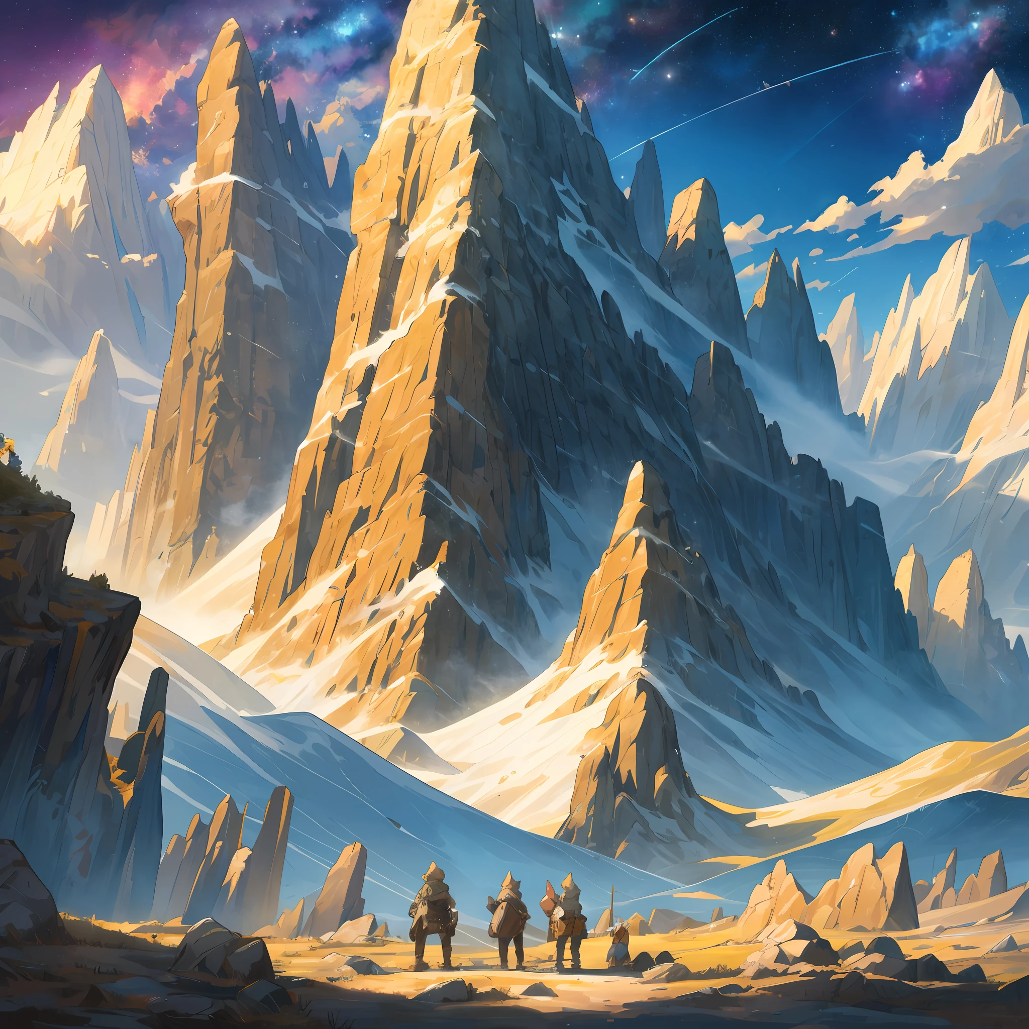 top quality, best quality, High-quality illustrations, masterpiece, super high resolution, detailed background, Distorted rocks and plants creating a unique landscape, depicting the spatial anomalies of the mountain range, Mysterious clouds shrouding the mountain peaks, with an eerie light spreading across the atmosphere, A scene featuring a vast expanse of starry sky in the distance, hinting at the unknown mysteries the mountains hold, 6+boys, 6+girls, absurdres(highly detailed beautiful face and eyes)perfect anatomy, expression, good lighting, cinematic shadow(kemono, furry anthro)assorted poses, dynamic angle,