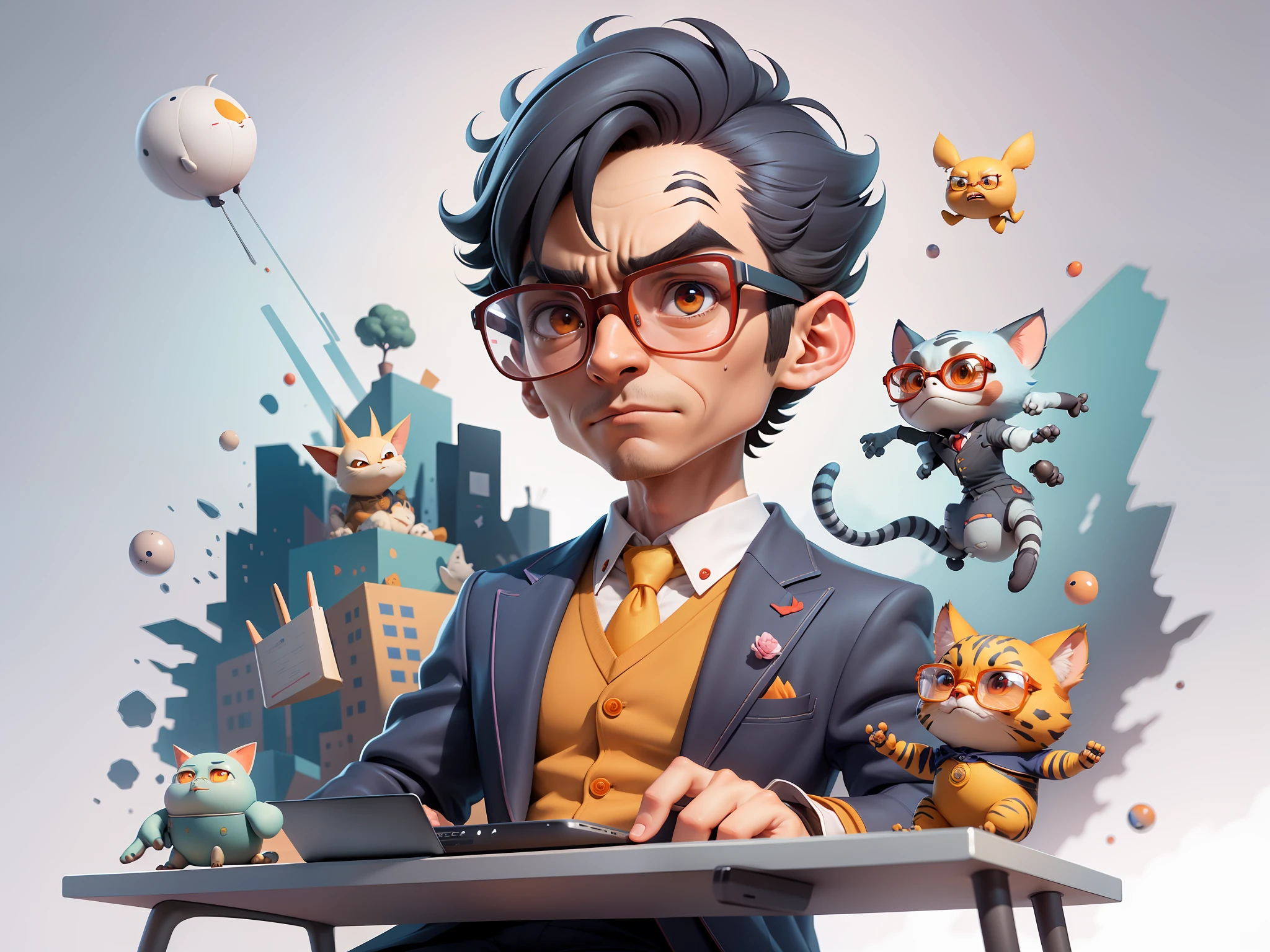 A young man in a suit, Short hair and glasses sat at his desk,holding laptop,digitial painting,tigre,3D character design by Mark Clairen and Pixar and Hayao Miyazaki and Akira Toriyama,4K HD illustration,Very detailed facial features and cartoon-style visuals。