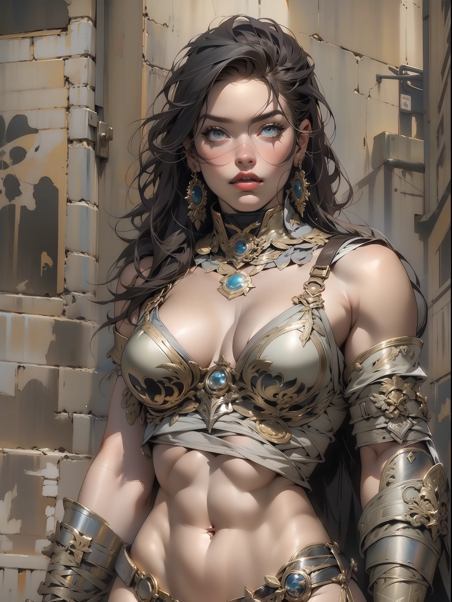 (((mulher))), (((melhor qualidade))), (((obra prima))), (((adulta))), Uma guerreira mulher de 35 anos com corpo perfeito, Brooklyn Gladiators, hand with steel gloves and metal tips, (( under boobs )), (( Tiny thong )), quase nua no estilo selvagem urbano de Simon Bisley para a capa da revista 2000 A.D., cabelo loiro, Minimum clothing, armadura (roupa feita com a bandeira do 🇧🇷 ), cheio de pontas e rebites manchadas de tinta, tatuagem de estrelas de 5 pontas, (((corpo inteiro))), cabelo preto curto com franja branca cobrindo a testa