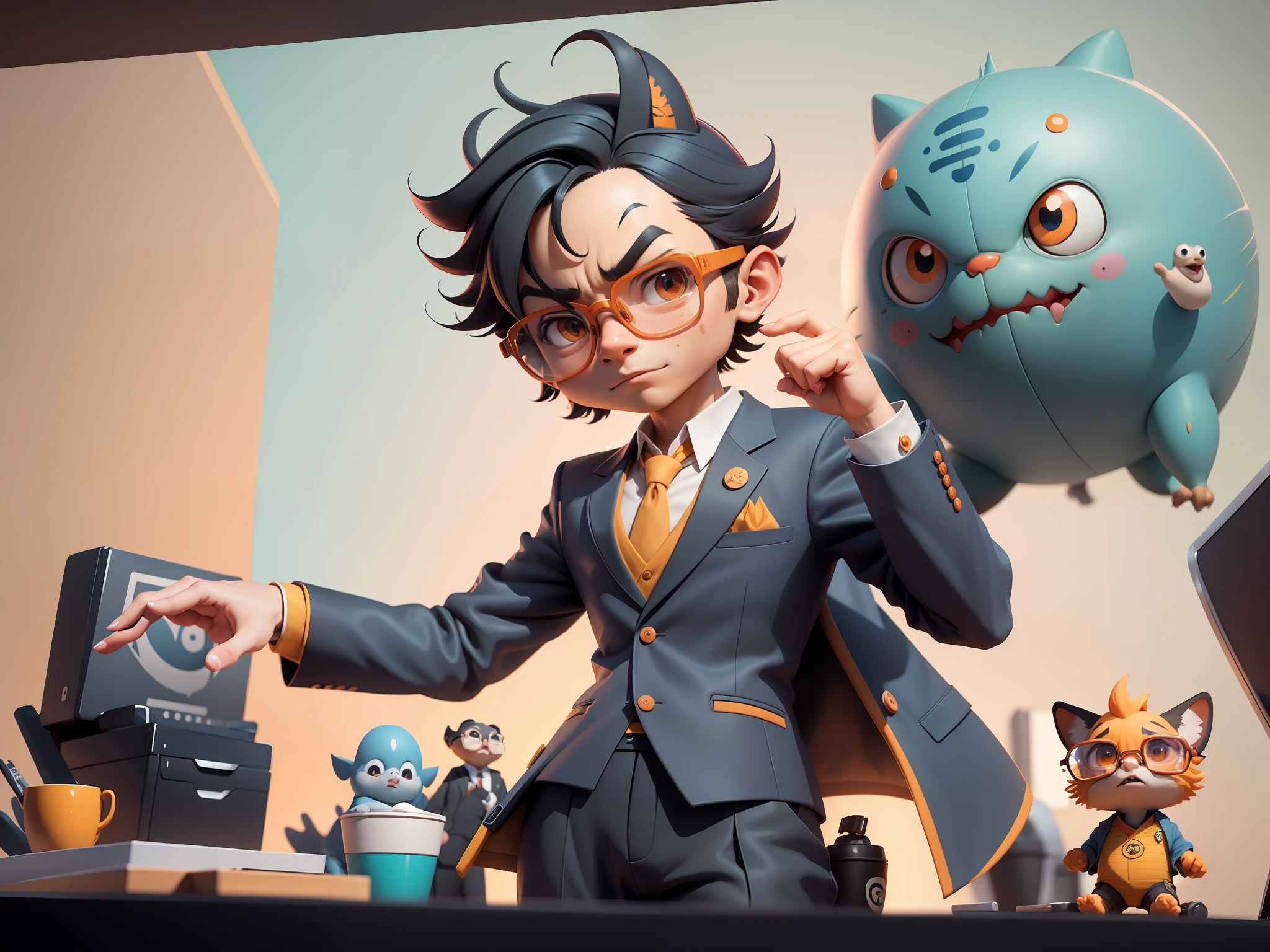 A young man in a suit, Short hair and glasses sat at his desk,holding laptop,digitial painting,tigre,3D character design by Mark Clairen and Pixar and Hayao Miyazaki and Akira Toriyama,4K HD illustration,Very detailed facial features and cartoon-style visuals。