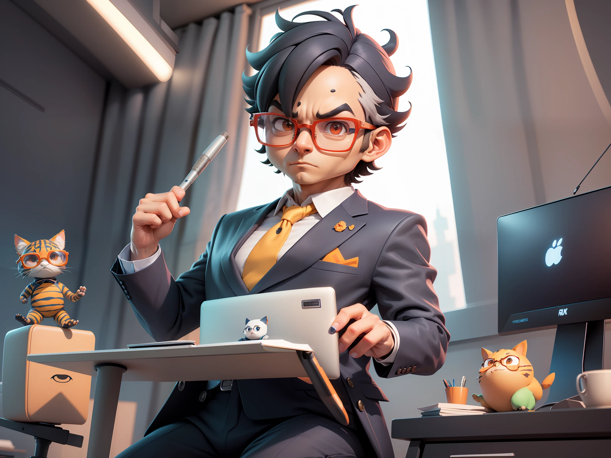 A young man in a suit, Short hair and glasses sat at his desk,holding laptop,digitial painting,tigre,3D character design by Mark Clairen and Pixar and Hayao Miyazaki and Akira Toriyama,4K HD illustration,Very detailed facial features and cartoon-style visuals。