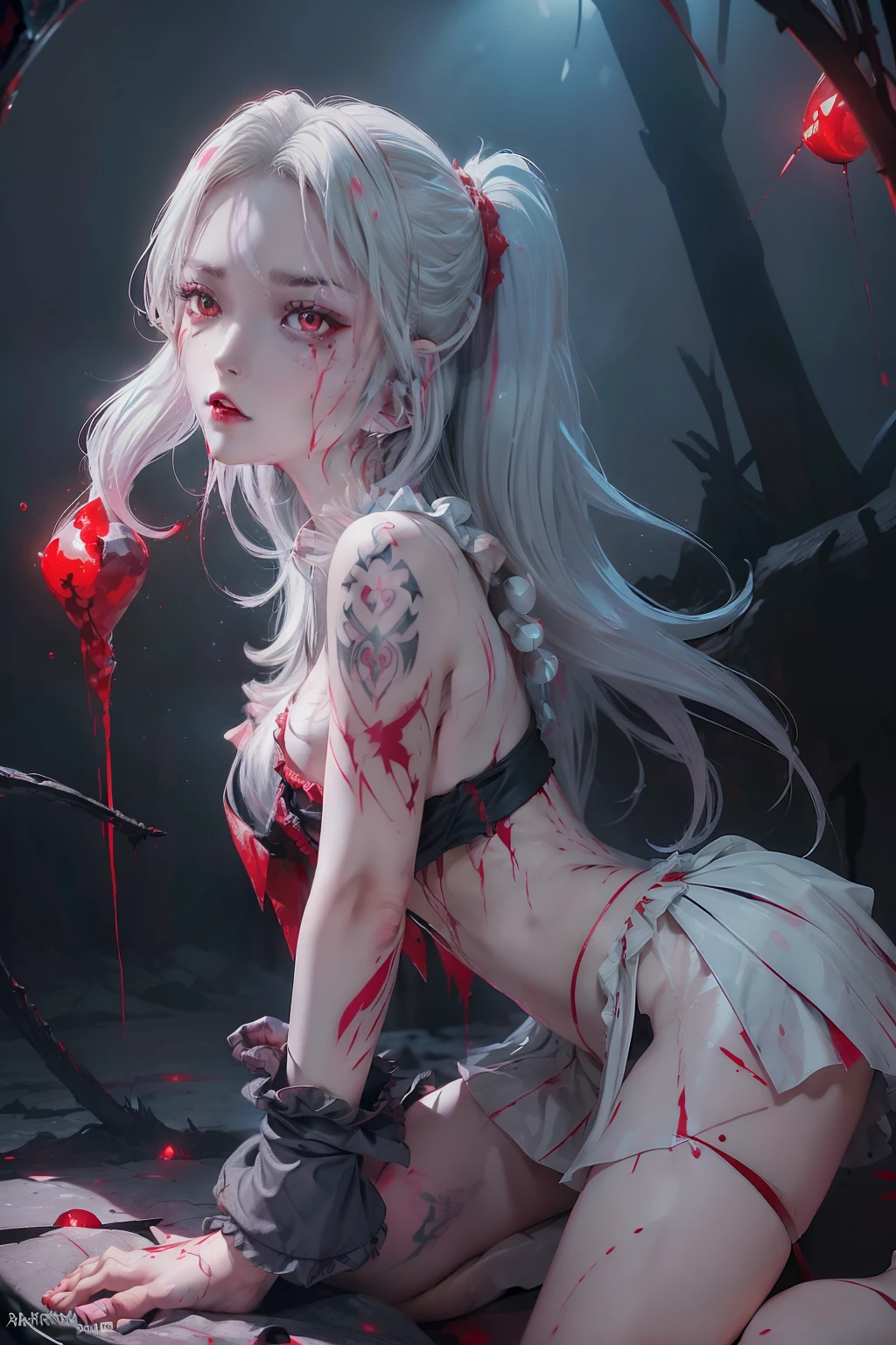 (Ashenhardt style:1.4), Masterpiece, Best quality, High quality,(Red eyes with dark red glow), (in profile), Abstraction, Deep Sea, Award-winning photography, Depth of field, HDR, Very detailed, Trending in art station, Trending in CGsociety, Complex, High detail,(Masterpiece: 1.2, highest quality), (Best lighting, very delicate and beautiful), (Best lighting, Very delicate and beautiful), (beautiful detailed face), (detailed eyes and detailed face:1.2), dark fantasy, (young girl, more than one girls, crazy smile, pale skin,G cup,cleavage,19 piercings,((tattoo all over body,tribal tattoo all over foot)) gray hair, red glowing eyes, dynamic angle, vampire), ((back art paint on the ground, pointy_ears, fangs, blood on face, blood rain, blood mist, (depth of field),high contrast,(blood splash:1.4),cowboy shot,full body, colorful poses,((Uniform,Blazer,Ruffled miniskirt,Light colored panties:1)),Cowboy shot,Denim jacket, really short clothes, NSFW
