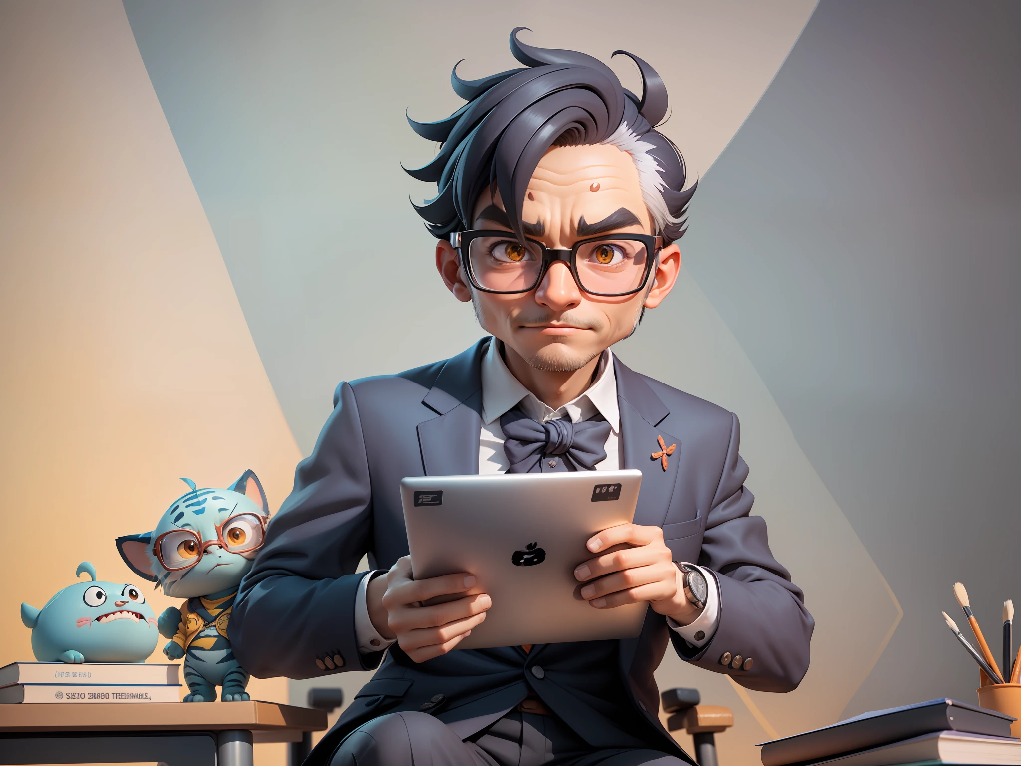 A young man in a suit, Short hair and glasses sat at his desk，holding laptop，digitial painting，tigre，3D character design by Mark Clairen and Pixar and Hayao Miyazaki and Akira Toriyama，4K HD illustration，Very detailed facial features and cartoon-style visuals。