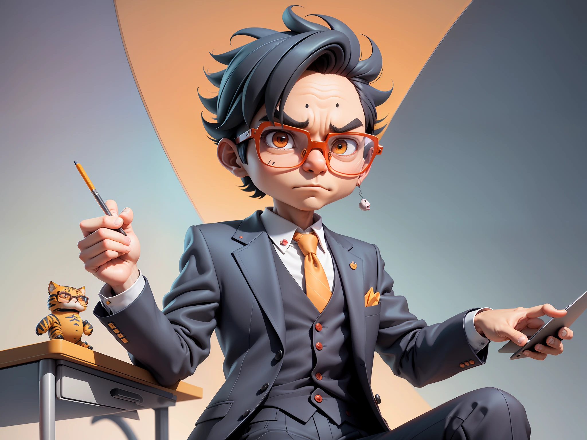 A young man in a suit, Short hair and glasses sat at his desk，holding laptop，digitial painting，tigre，3D character design by Mark Clairen and Pixar and Hayao Miyazaki and Akira Toriyama，4K HD illustration，Very detailed facial features and cartoon-style visuals。