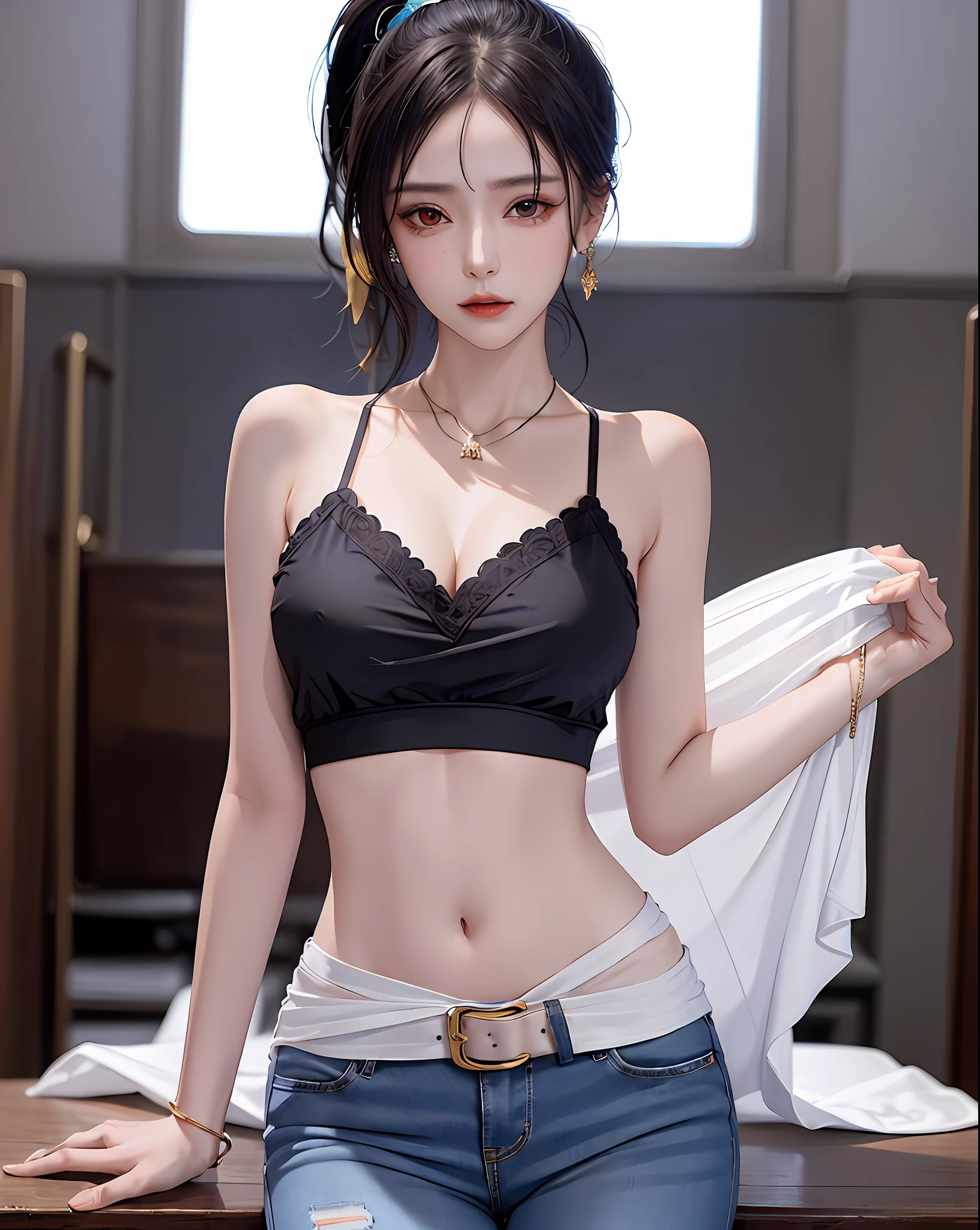 (Masterpiece, Best Quality, 1 Girl, Solo, Intricate Details, Chromatic Aberration), (Reality), (Skin), 1 Girl Shizuku High Ponytail, ((Middle Breath)), (Brunet, Blunt Bangs), Detailed Hair, Red Headjewelry, Blue Highlight, Hair More Than One Eye, Red Eye, Small Earrings, Sharp Eyes, Necklace, ((Black Crop Top Cutout)), Jeans, (Symmetrical Eyes), (Perfectly Symmetrical Body), Night, ((Natural Light))), Backlight, against gray walls, dim light, standing, (Looking at the viewer), ((Center shot, from the front, (face and waist) pronounced chest line Deep V sexy