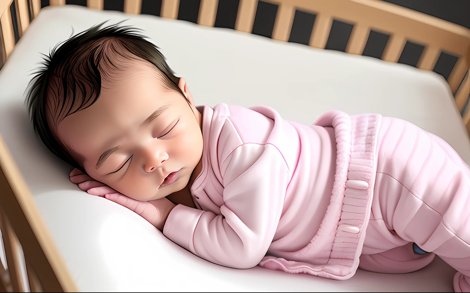 newborn baby, usando pijama, Lying in a crib, Realistic version 8k